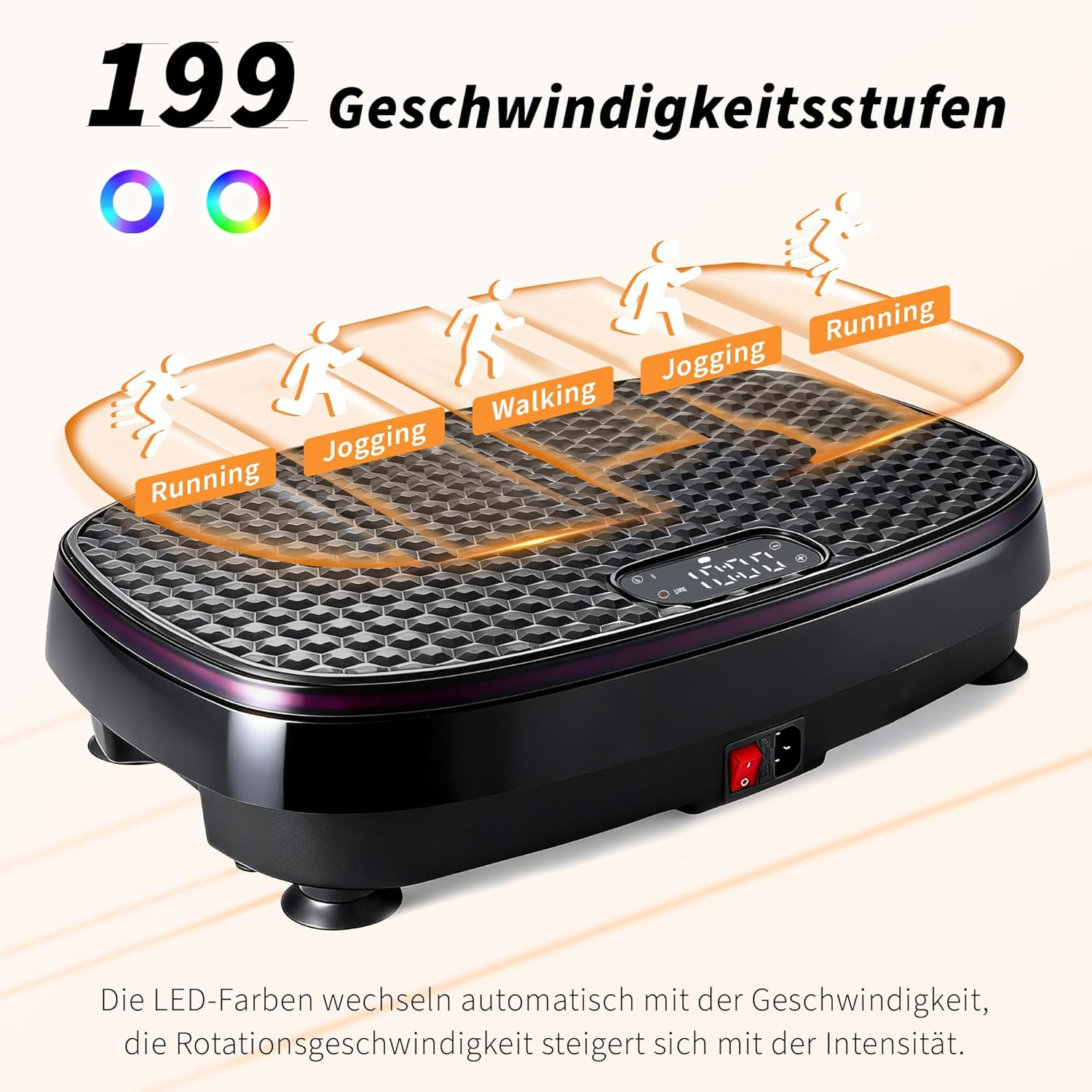 Vibrationsplatte mit 199 Geschwindigkeitsstufen, zeigt Laufen, Joggen, Gehen an.