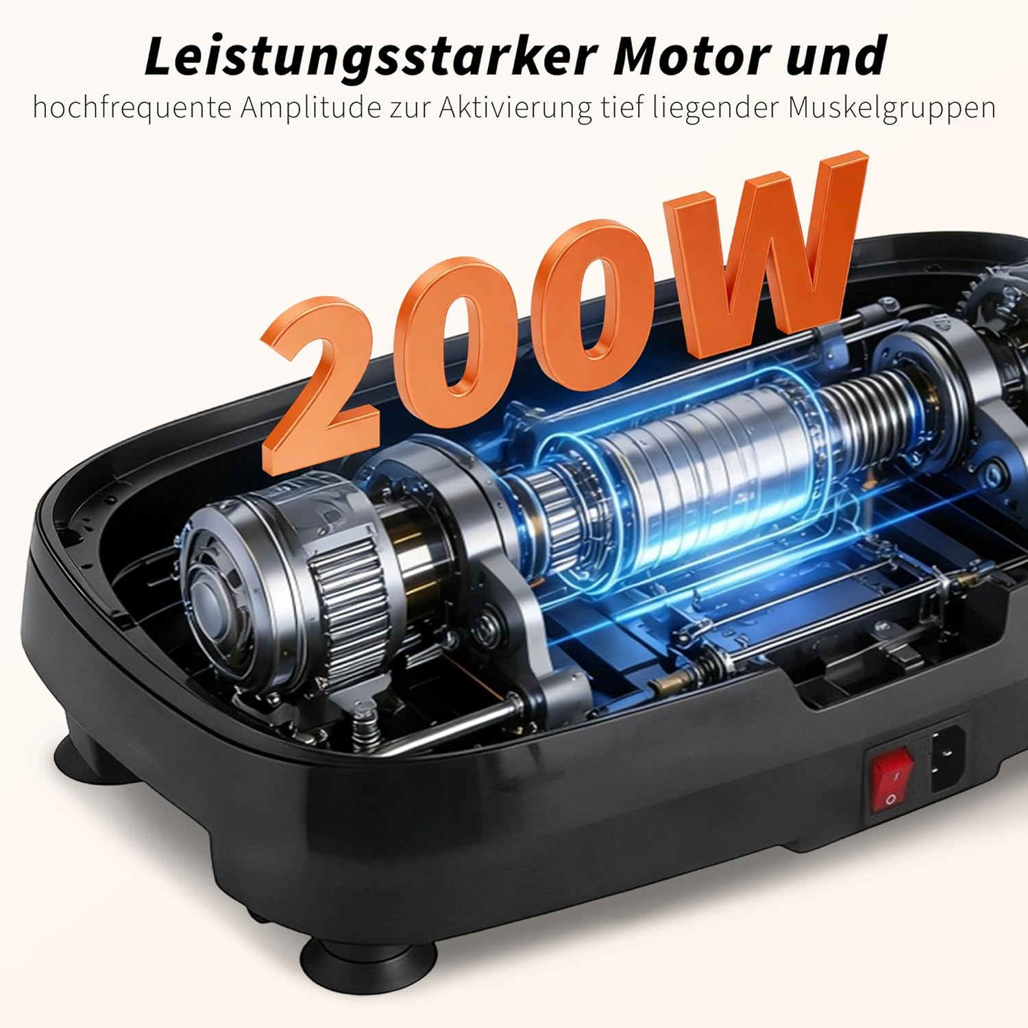 Leistungsstarker Motor mit 200W, blaue Lichter, detaillierte Mechanik.