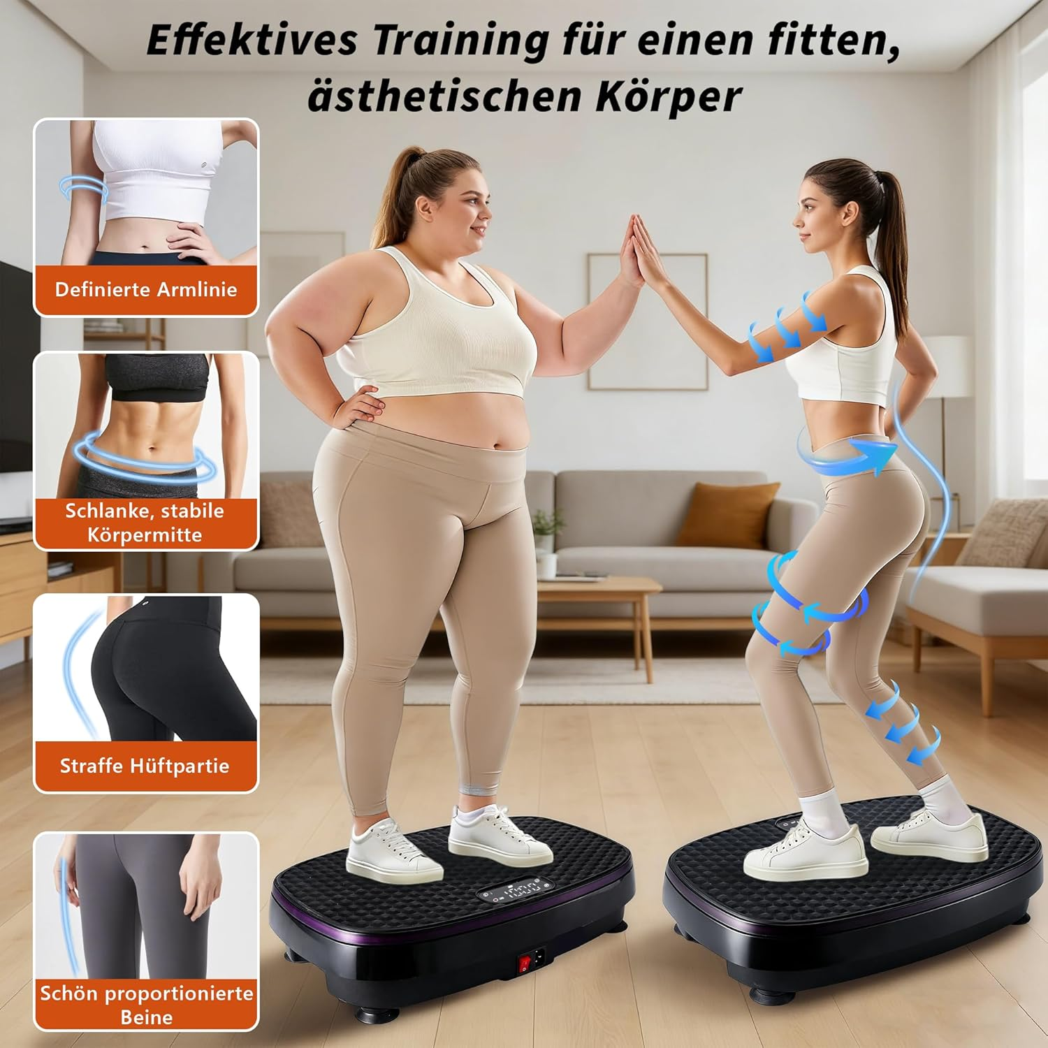 Zwei Frauen auf Vibrationsplatten in einem Wohnzimmer, die für einen fitten Körper werben.