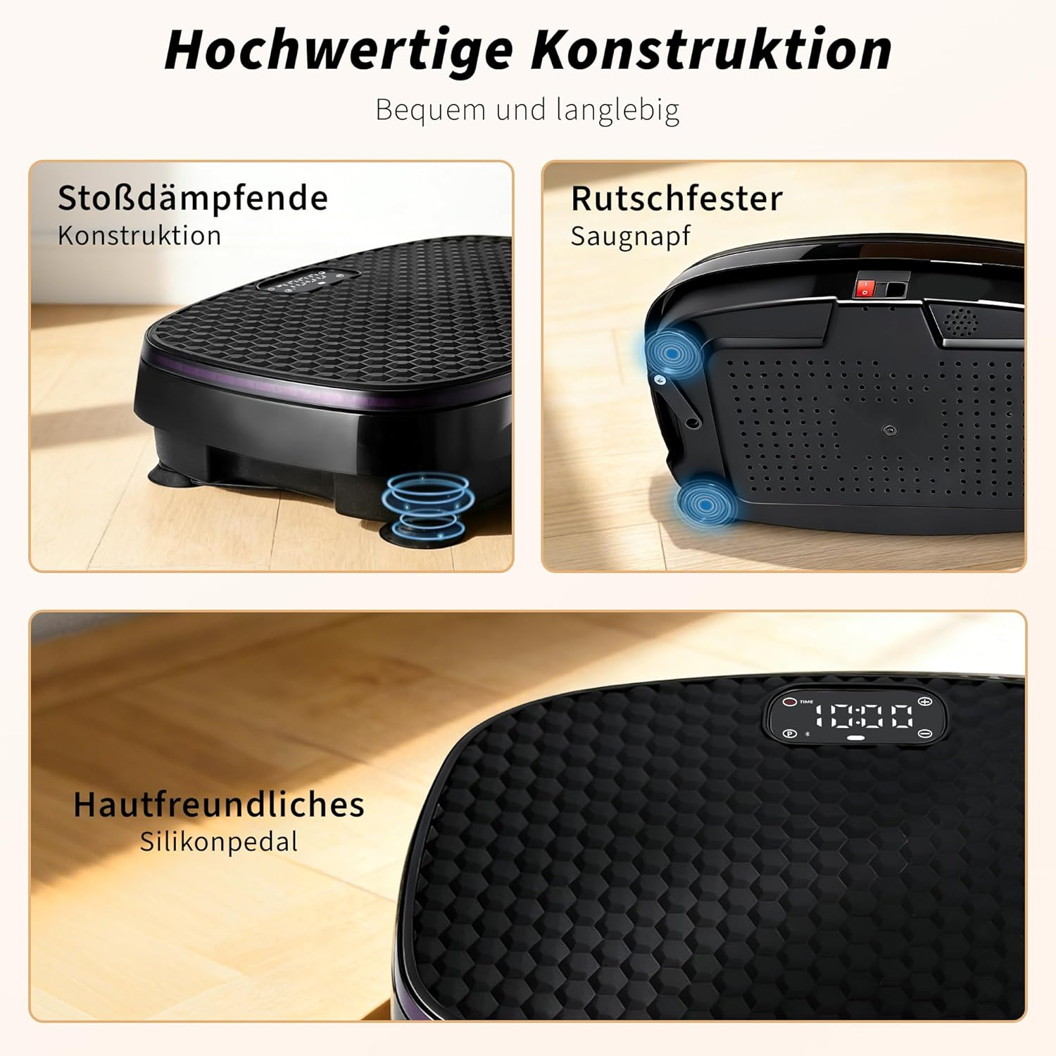 Schwarze Vibrationsplatte mit Wabenstruktur und digitaler Anzeige.