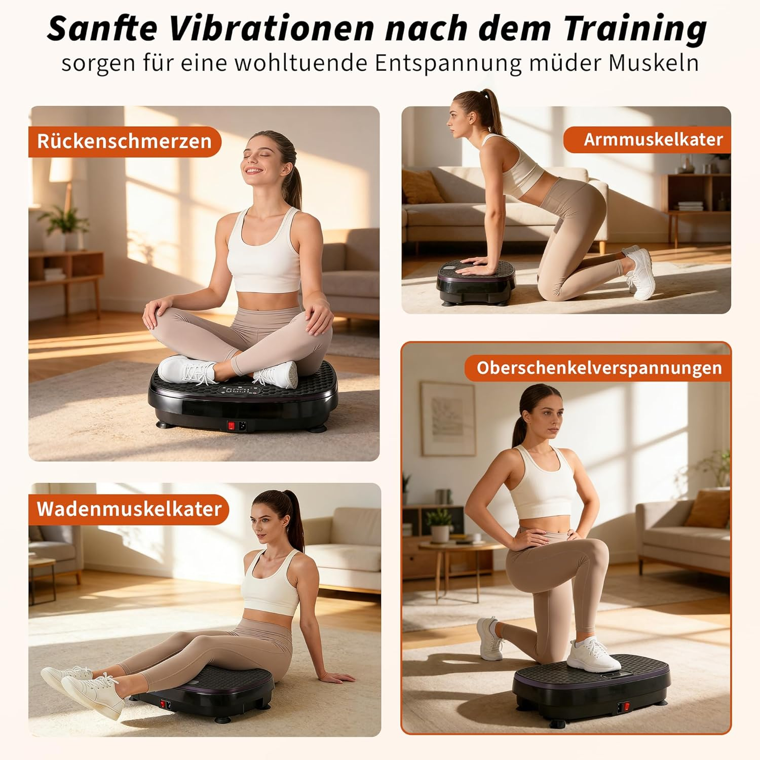 Vier Szenen zeigen Frauen auf Vibrationsplatten für Entspannung.