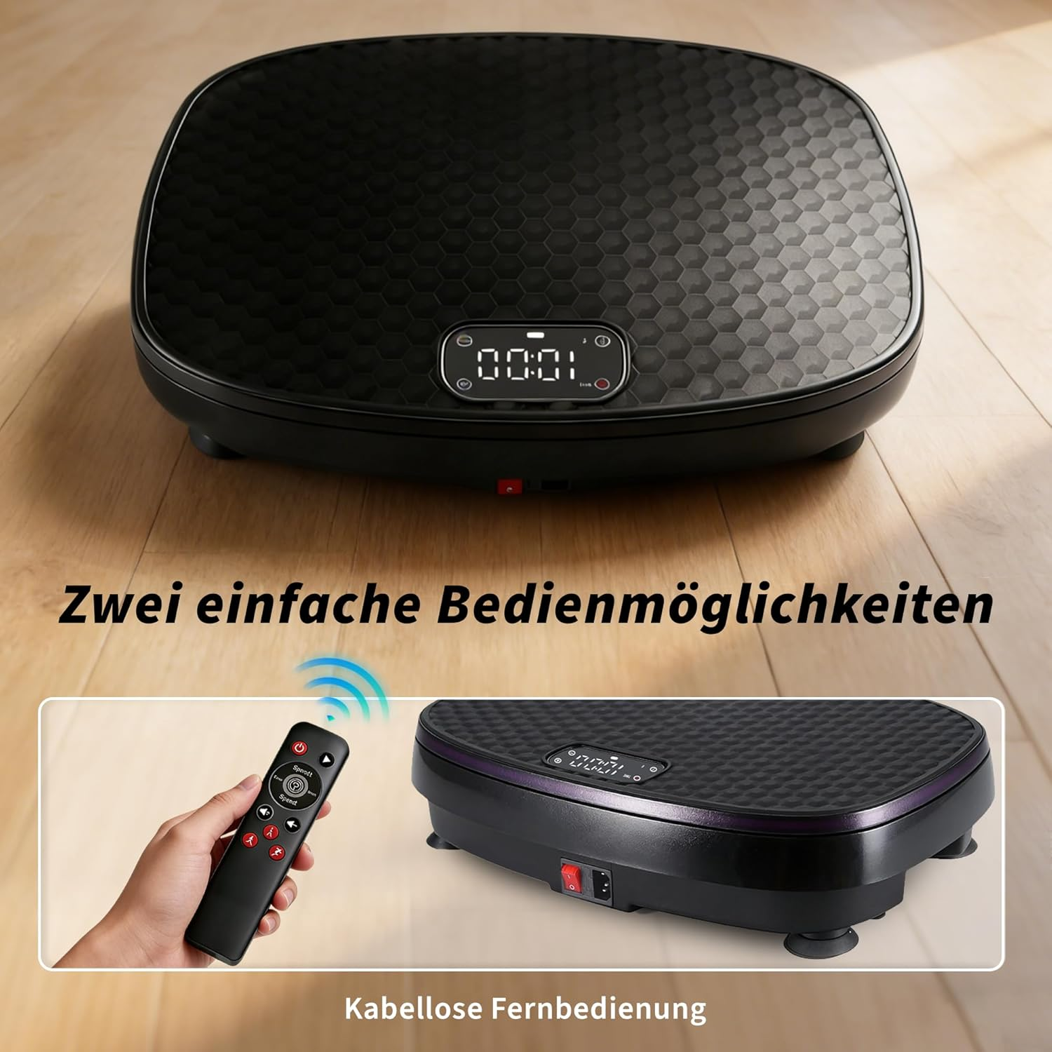 Schwarzes Vibrationsgerät mit Fernbedienung und digitaler Anzeige auf Holzboden.