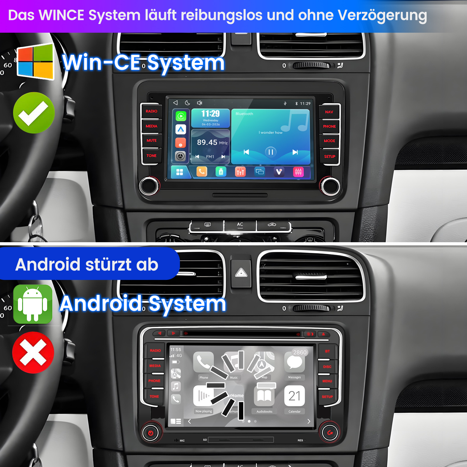 Vergleich von Auto-Infotainment-Systemen: Win-CE läuft, Android stürzt ab.