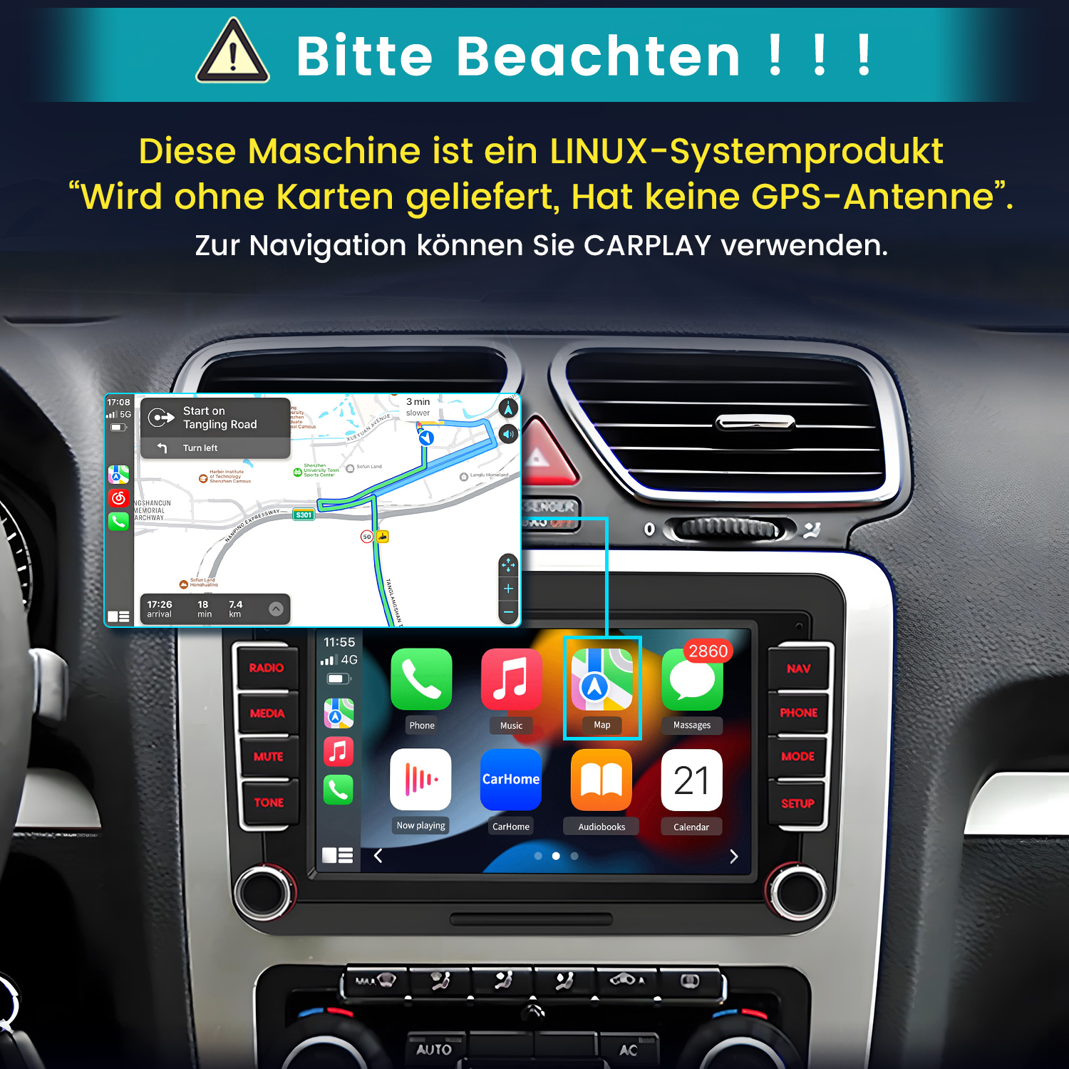 Autoinnenraum mit Navigations- und Infotainmentsystem. Warnhinweis auf Deutsch.