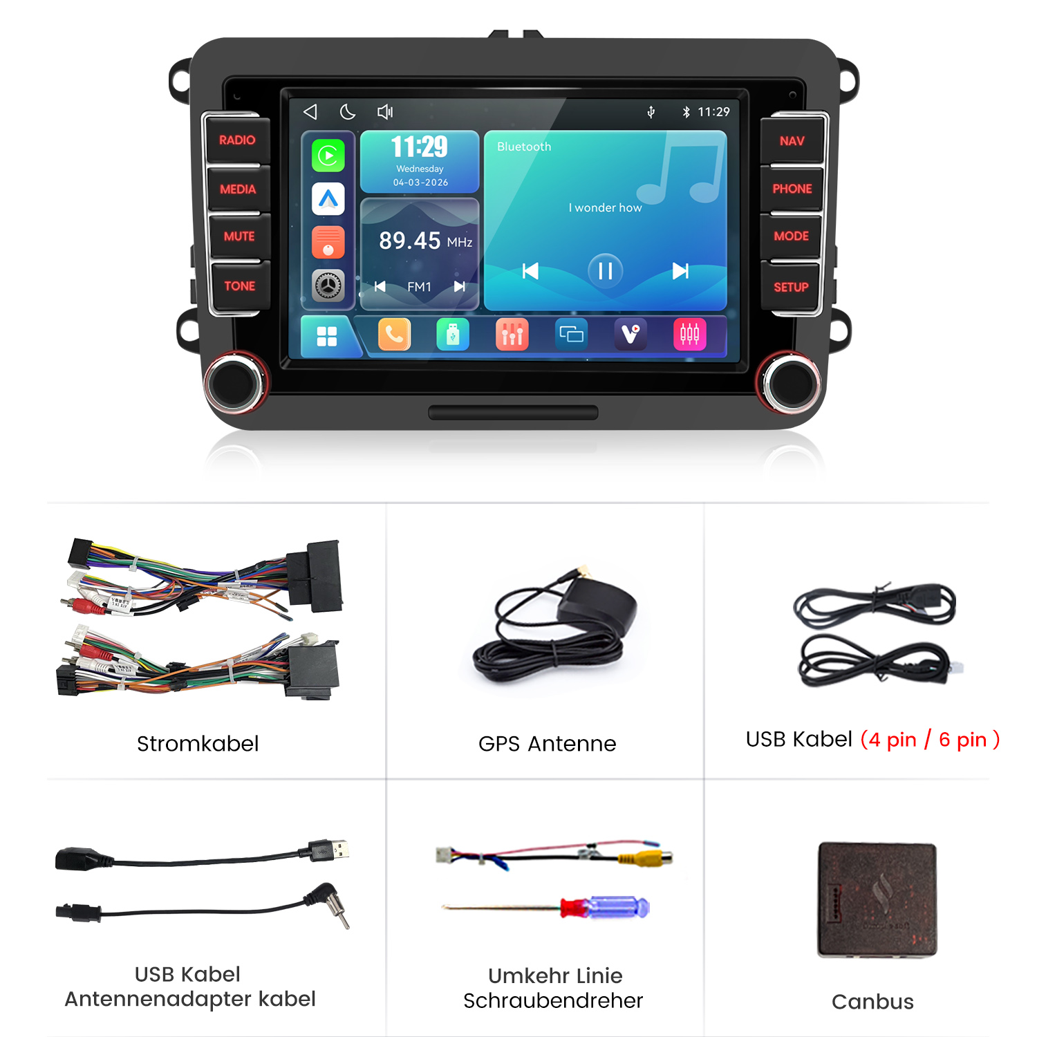 Autoradio mit Touchscreen und Zubehör: Stromkabel, GPS-Antenne, USB-Kabel, Canbus.