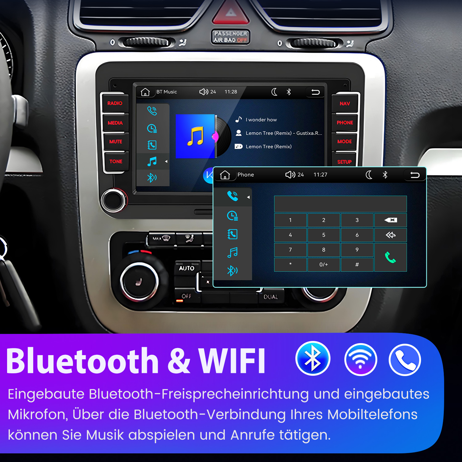 Ein Autoradio mit Touchscreen zeigt Musik und Telefonmenüs. Unten steht 