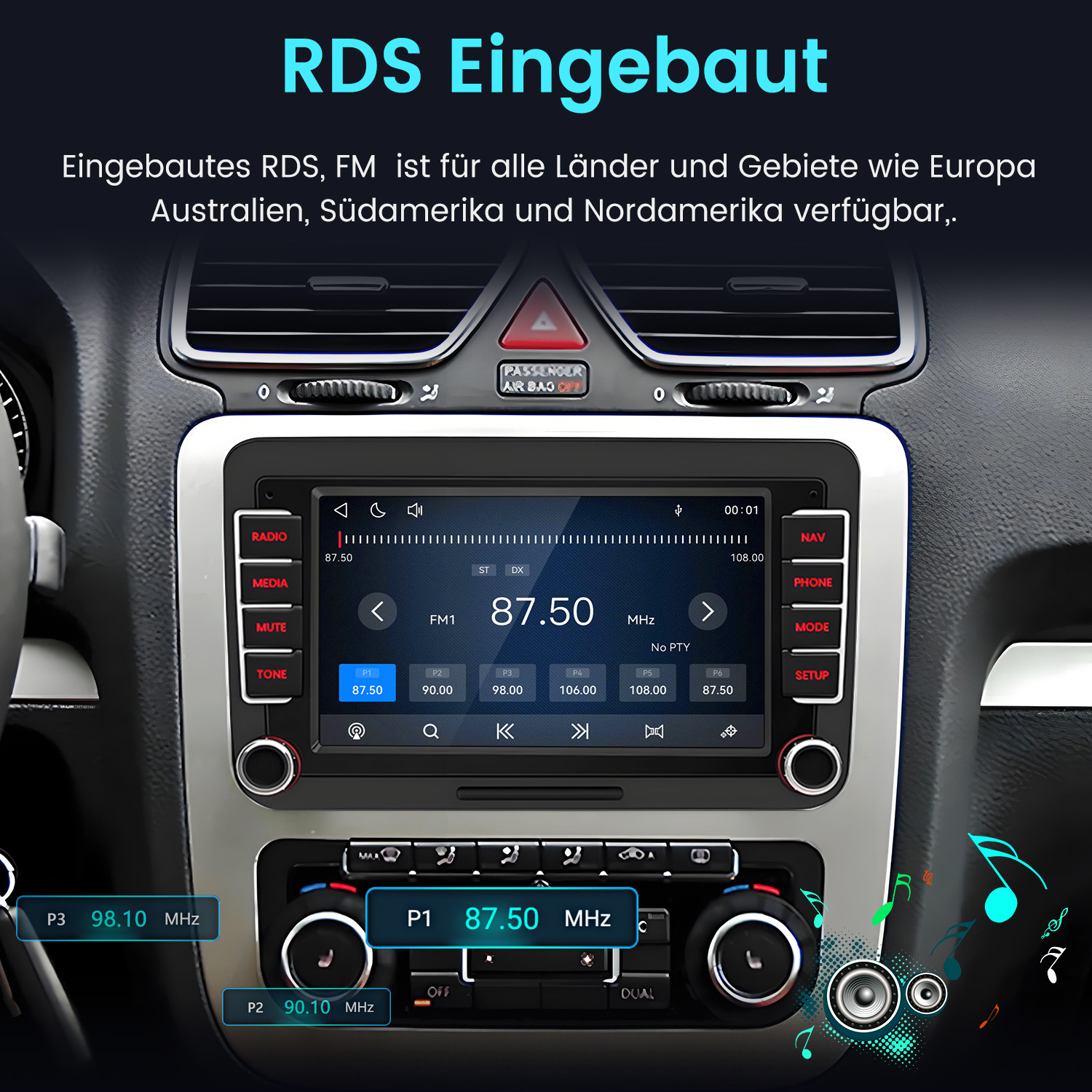 Autoradio-Bildschirm zeigt FM-Radio mit Frequenzen und Voreinstellungen.