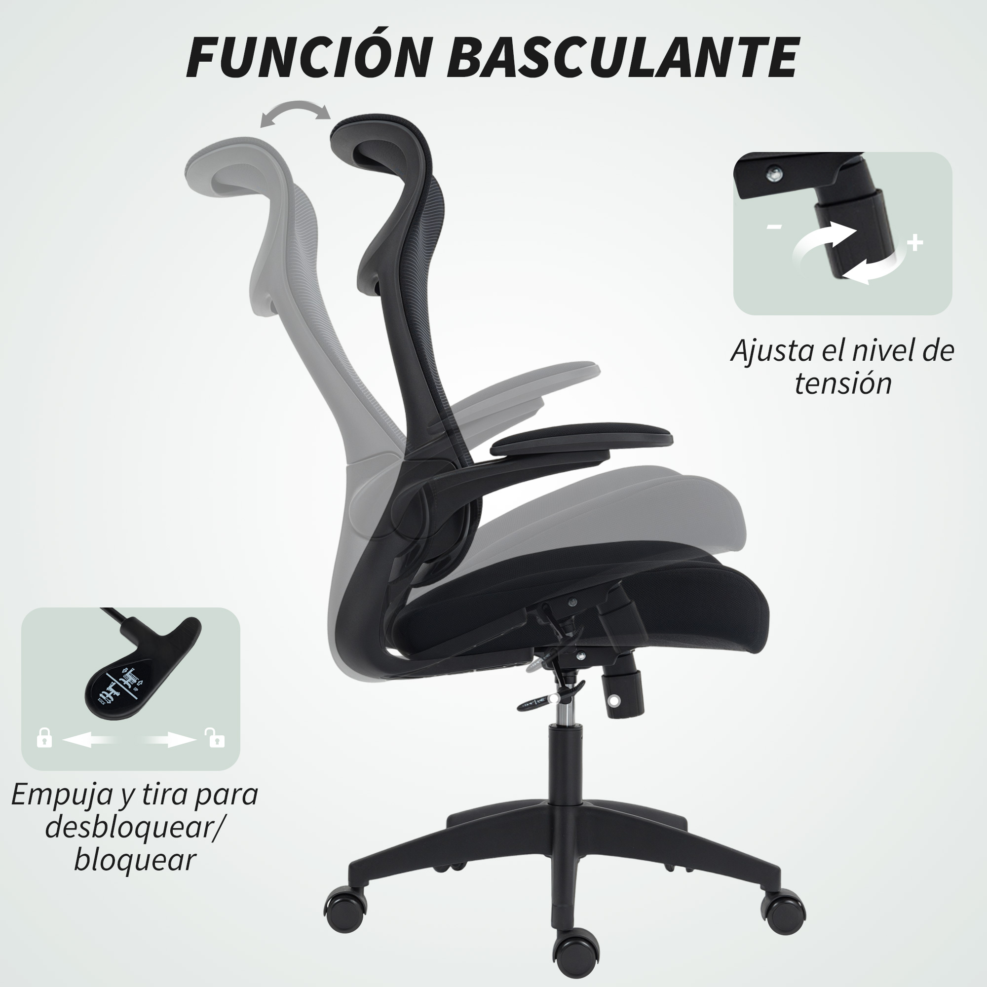 Un sillón de oficina que muestra la función de inclinación, palanca de bloqueo y ajuste de tensión.