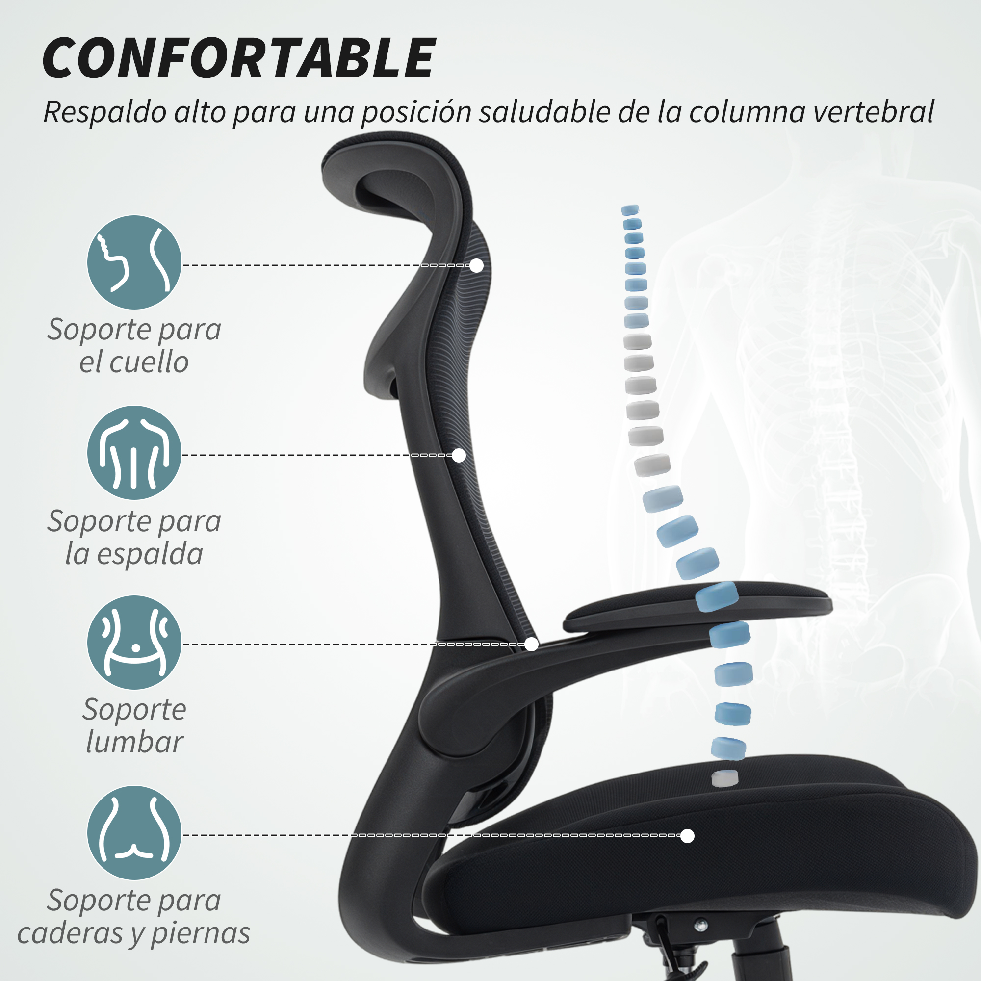 Una silla de oficina negra destacando soportes para cuello, espalda, lumbares y piernas.