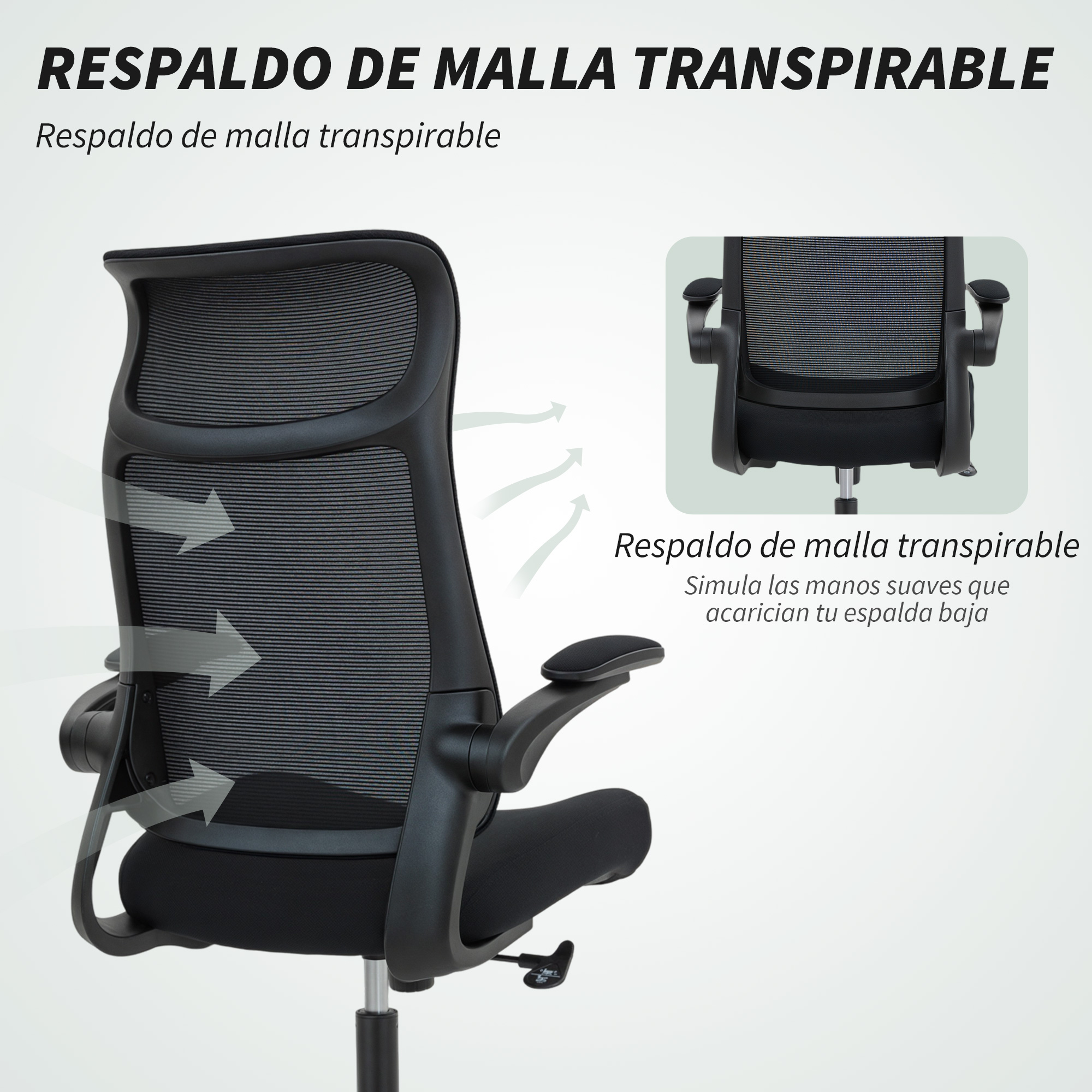 Se muestra una silla de oficina negra de malla. Las flechas indican flujo de aire.