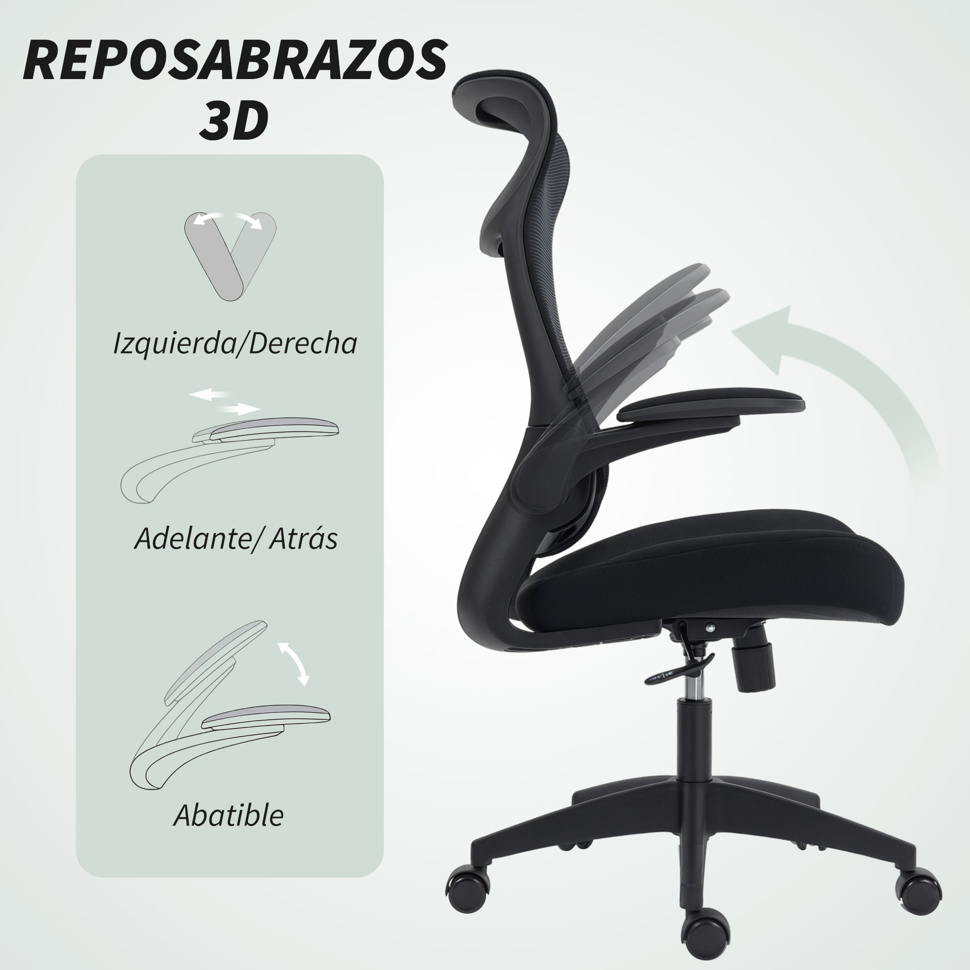 Silla de oficina negra con reposabrazos 3D ajustables, con diagramas.