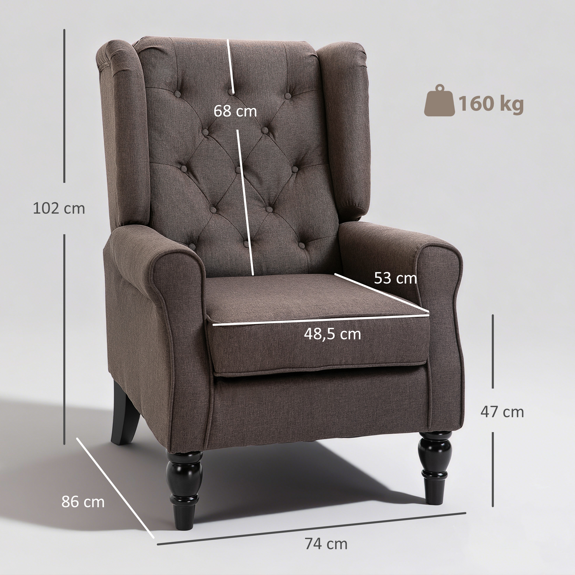 Un sillón marrón con botones, se indican las dimensiones. Carga máxima 160 kg.