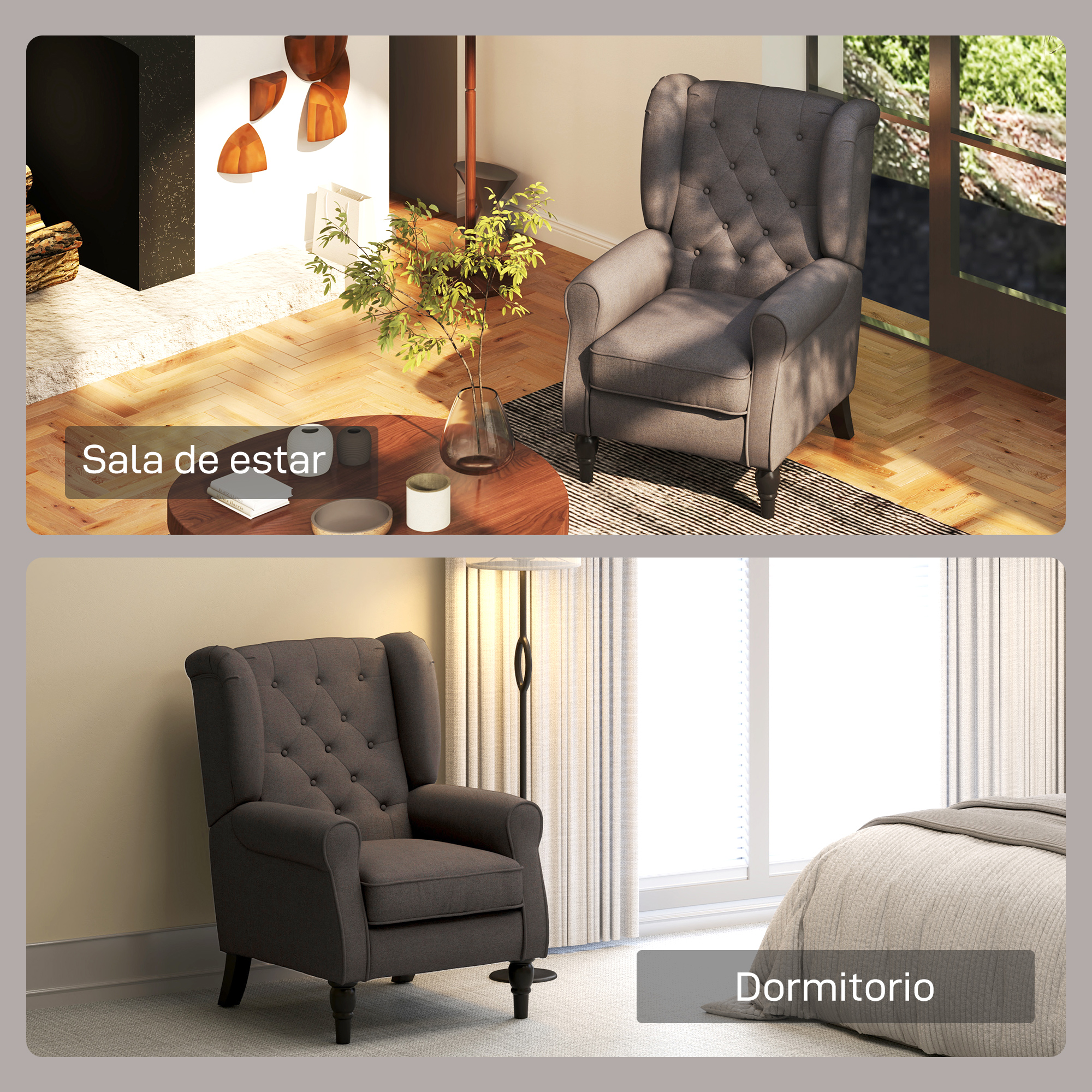 Butaca gris oscuro en sala de estar junto a chimenea, y butaca en dormitorio junto a cama.