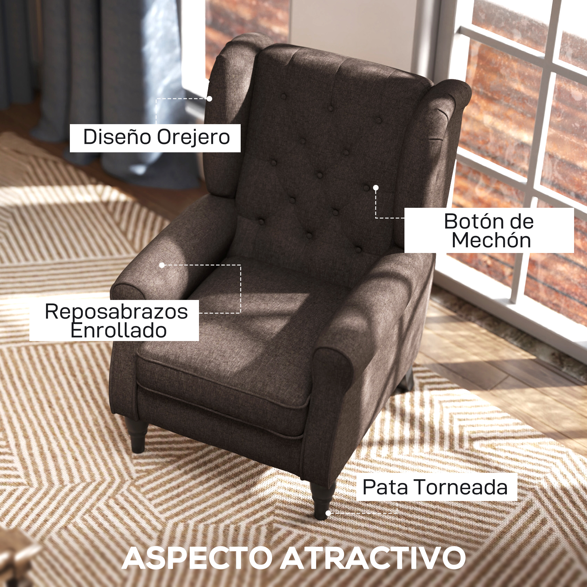 Un sillón orejero gris oscuro con tapicería de botones sobre una alfombra.