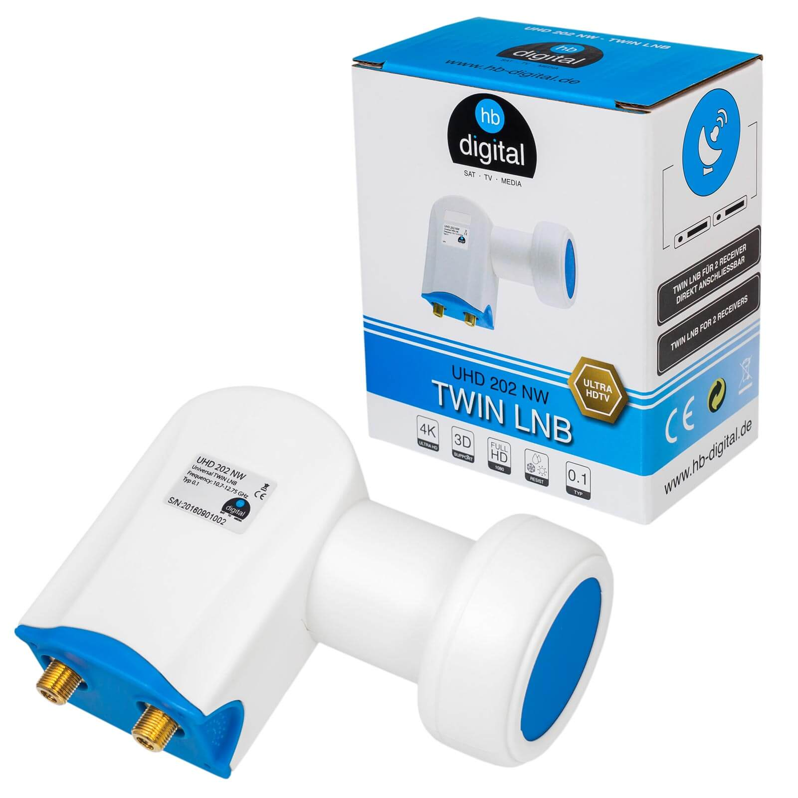 Ein weißer LNB mit blauen Akzenten und einer Verpackung von HB Digital.