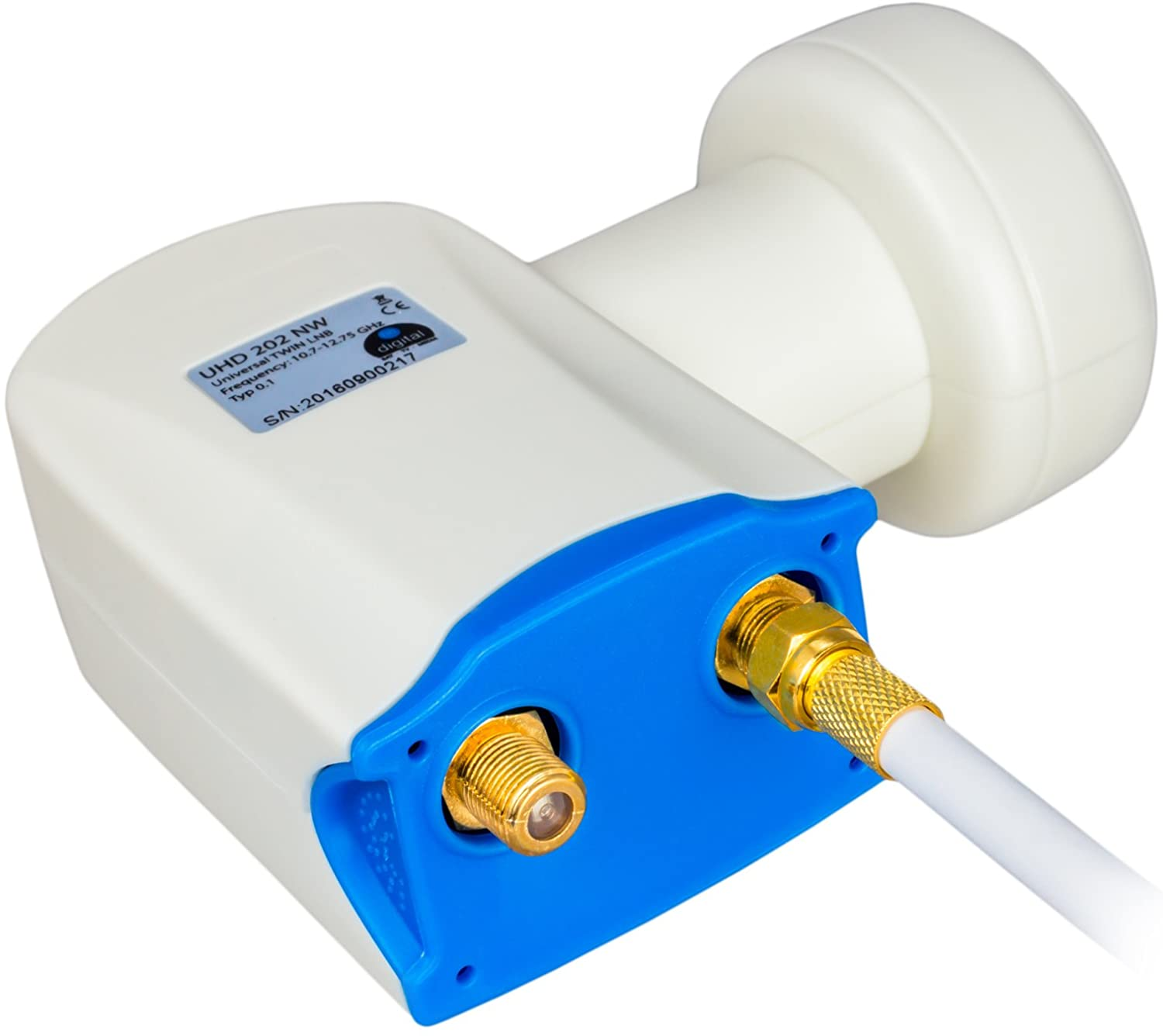 Ein weißer und blauer LNB mit goldfarbenen Anschlüssen und einem weißen Kabel.