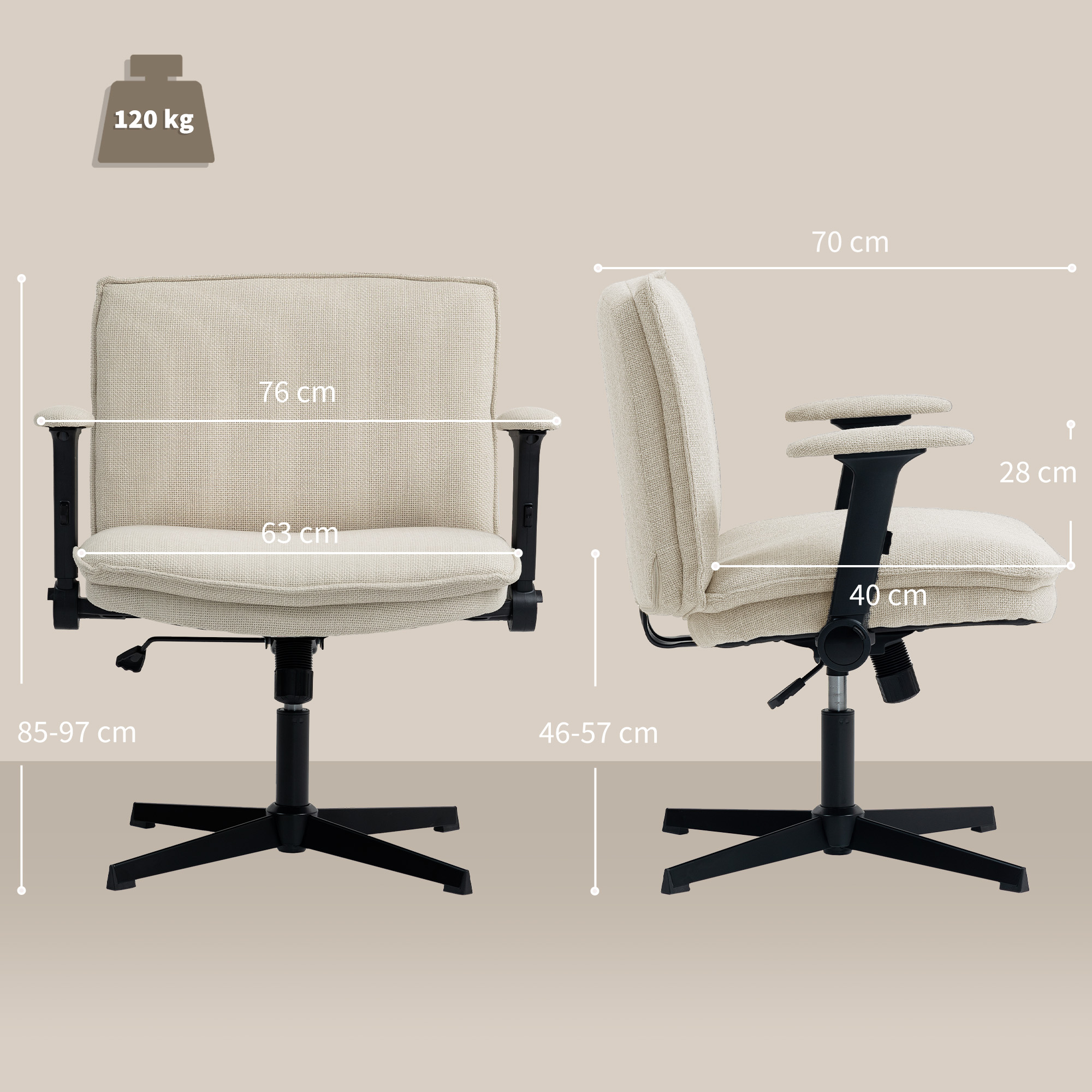 Silla de oficina beige con reposabrazos y ajuste de altura, 120 kg de capacidad.