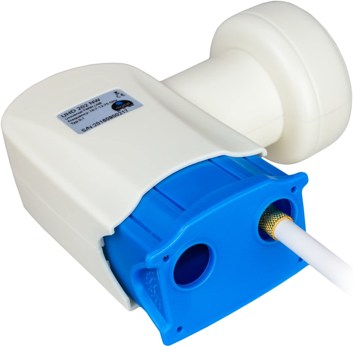 Ein weier LNB mit blauem Kasten und weiem Kabel.