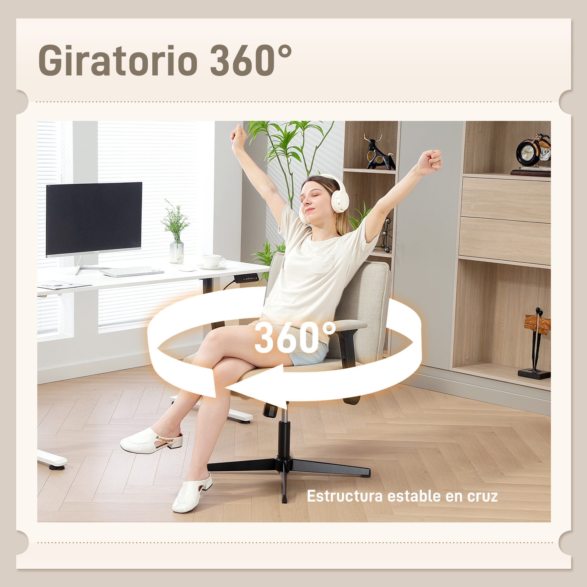 Mujer con auriculares sentada en silla de oficina, brazos extendidos. Gráfico 360°.