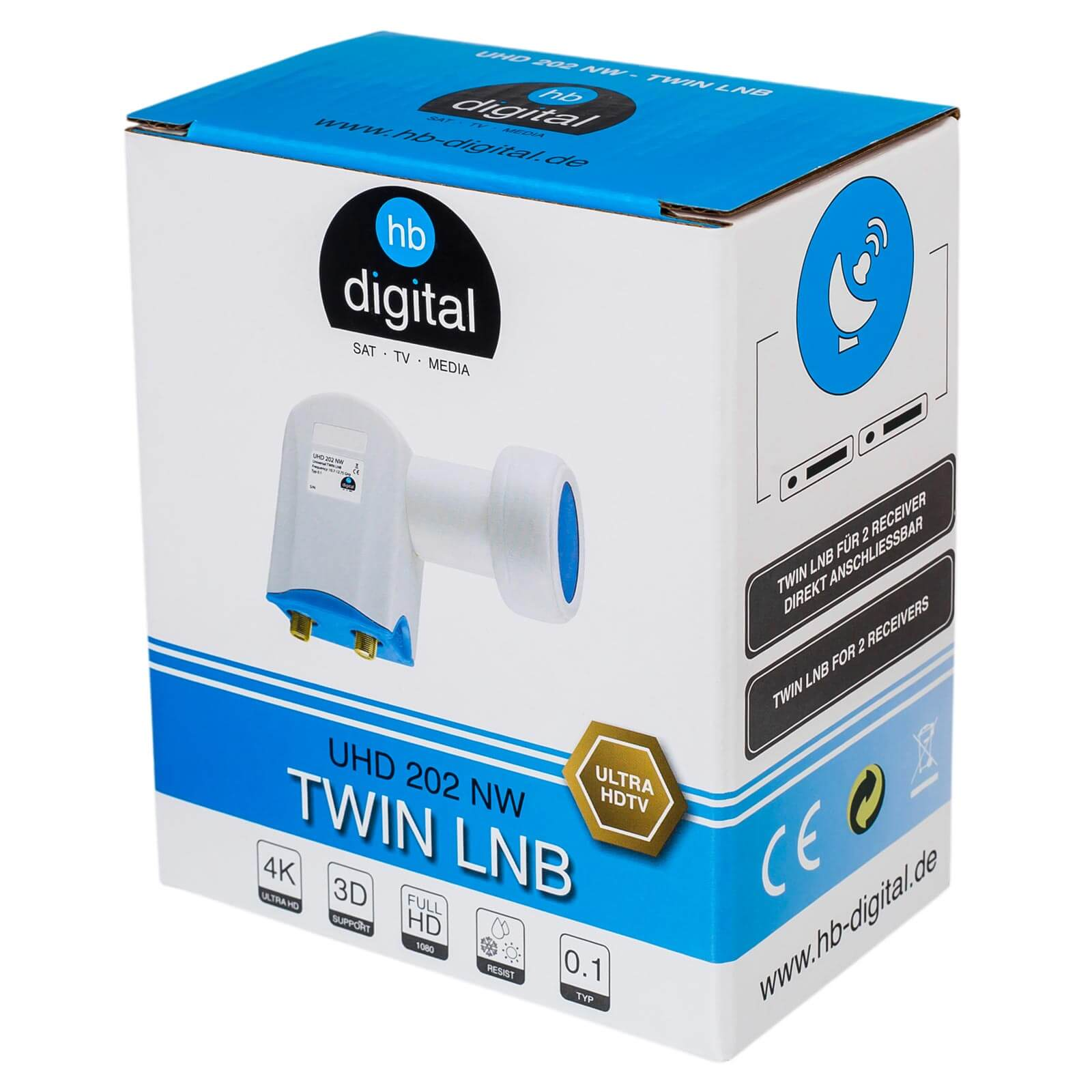 Verpackung für einen Twin LNB mit den Aufschriften 'UHD 202 NW', 'TWIN LNB'.