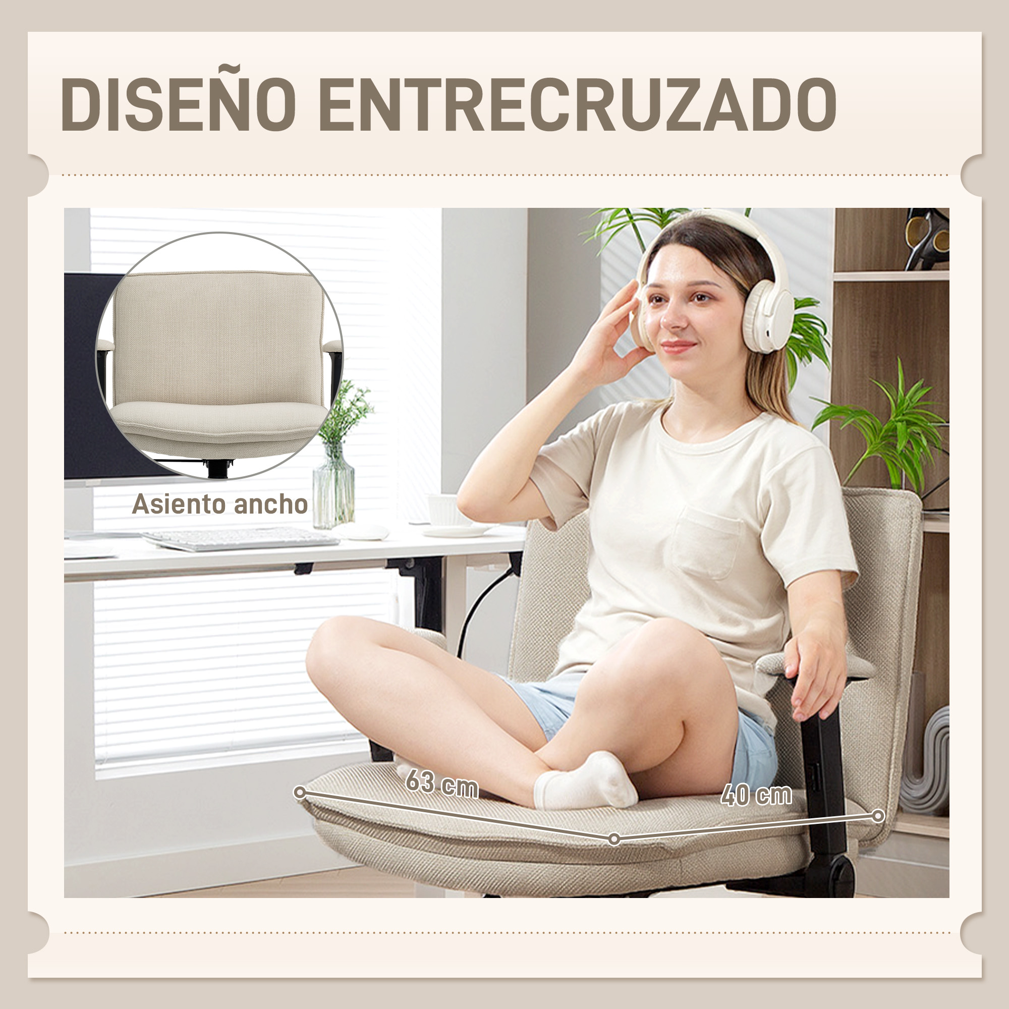 Mujer con auriculares sentada en posición de loto en silla de oficina. Medidas 63x40 cm.