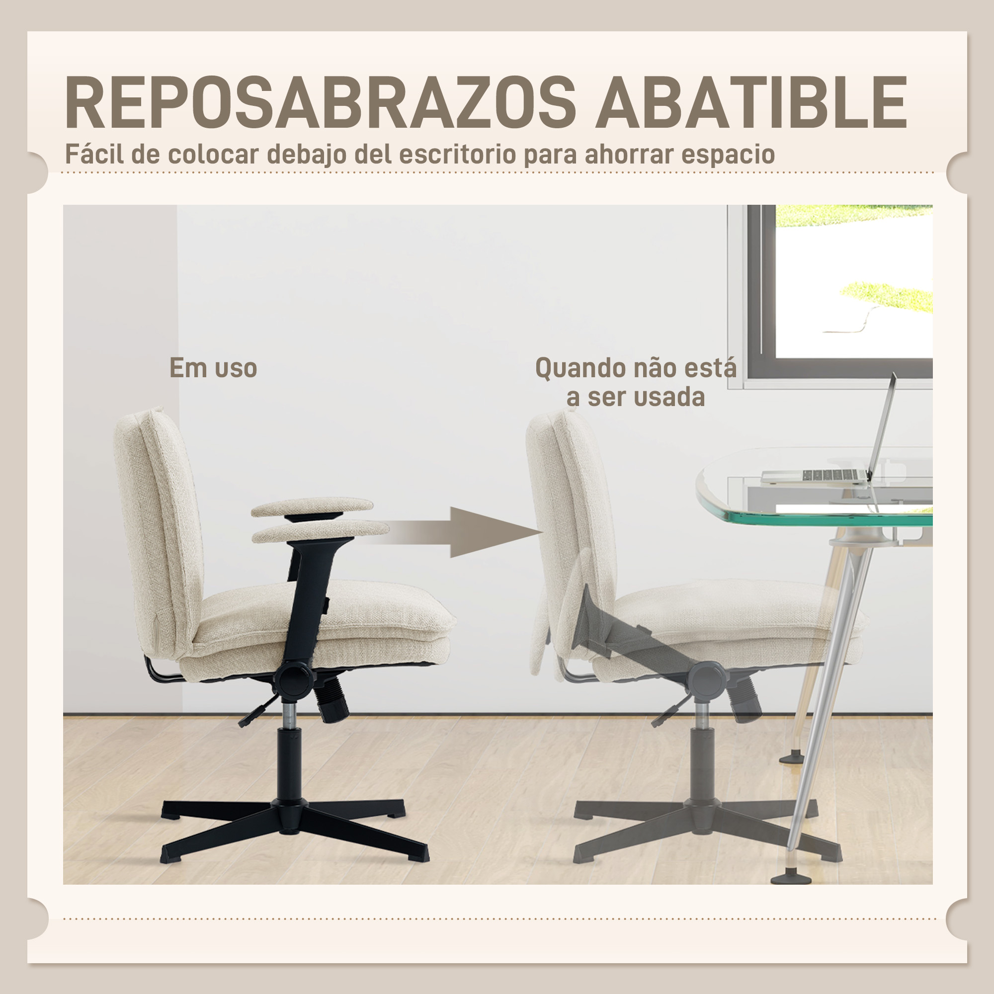 Una silla con reposabrazos abatibles, una en uso y otra guardada.