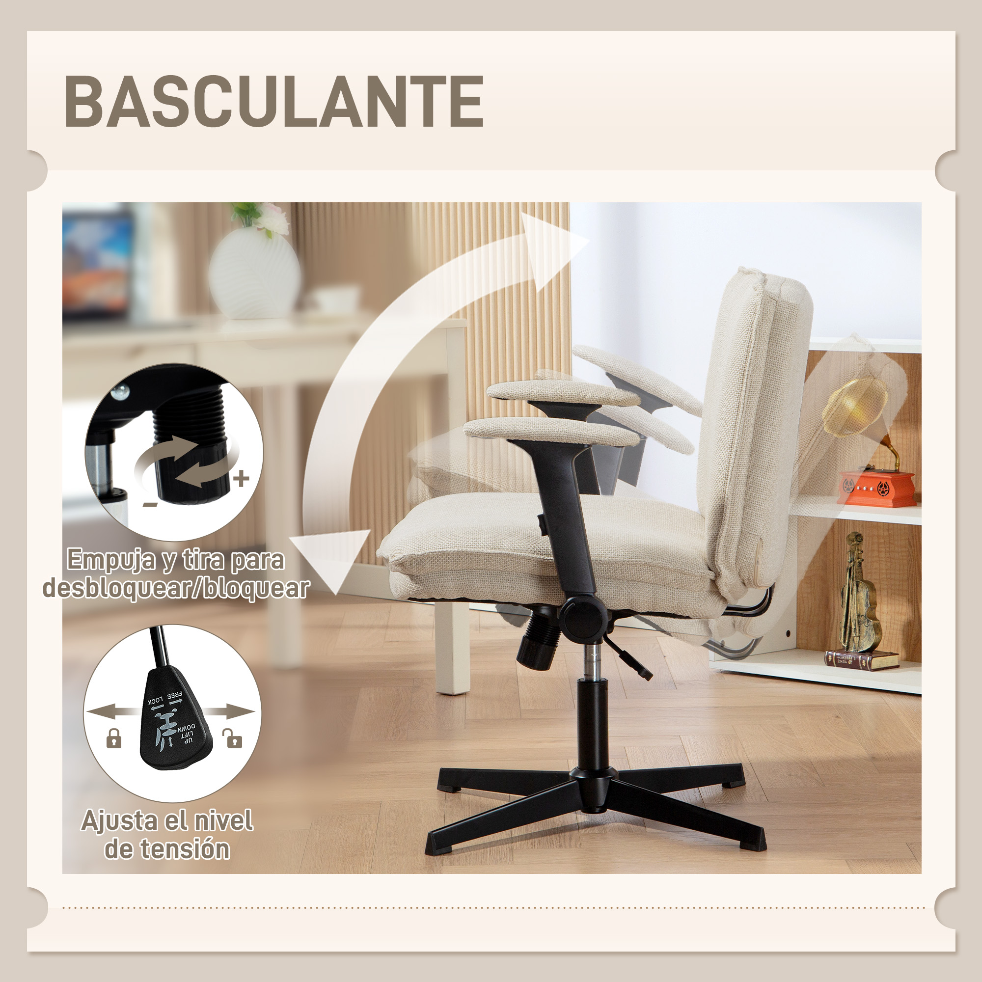 Una silla de oficina de color claro con brazos y base negros, inclinándose.