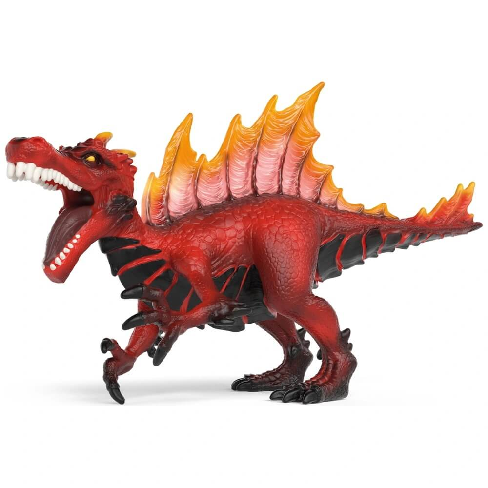 Ein rotes Spielzeug-Dinosaurier mit gelben Segeln auf dem Rücken.