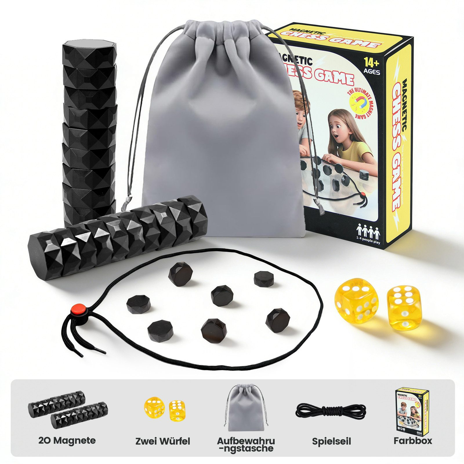 Magnetisches Schachspiel mit Würfeln, Beutel und Spielseil auf weißem Hintergrund.
