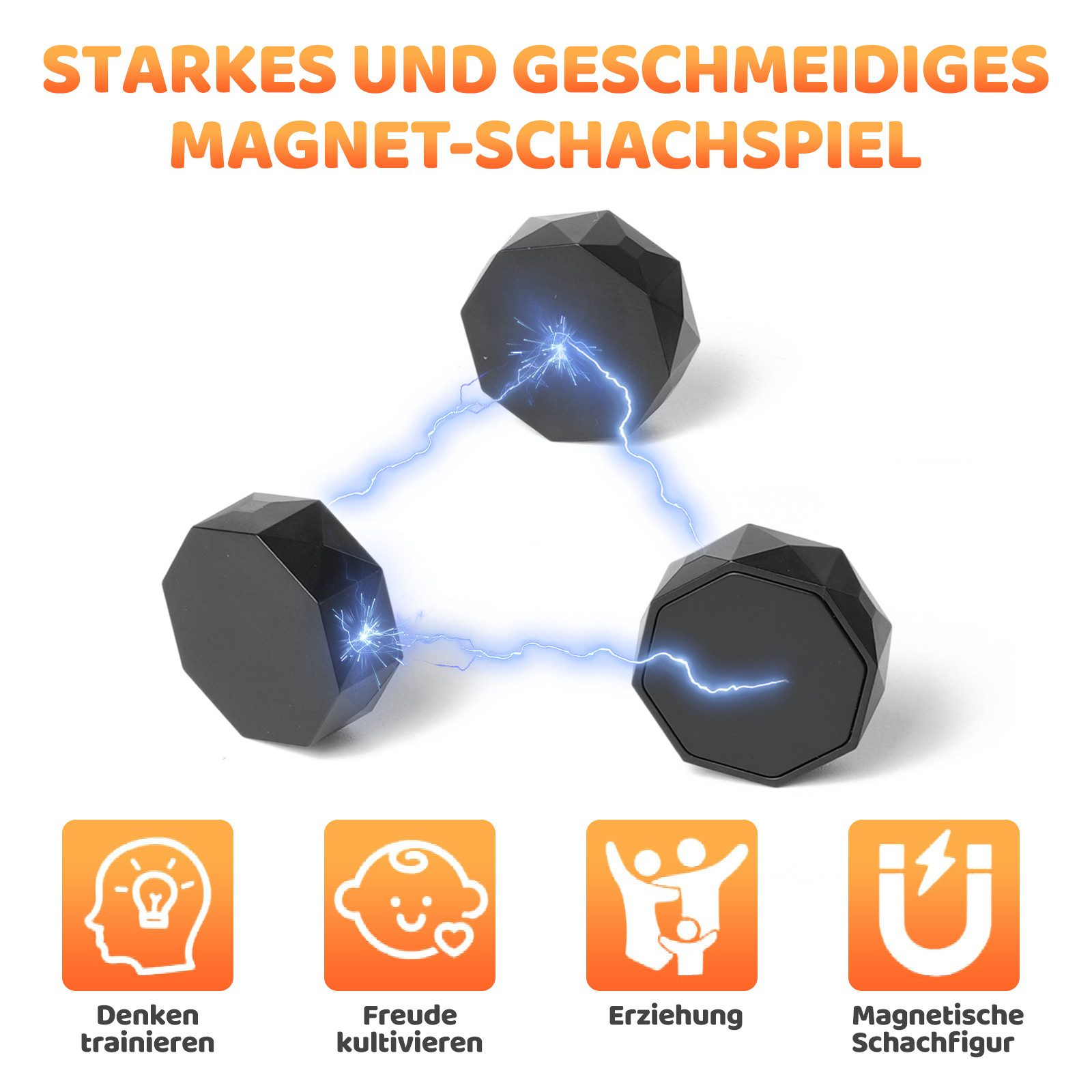 Drei schwarze magnetische Schachfiguren mit blauen Blitzen verbunden.