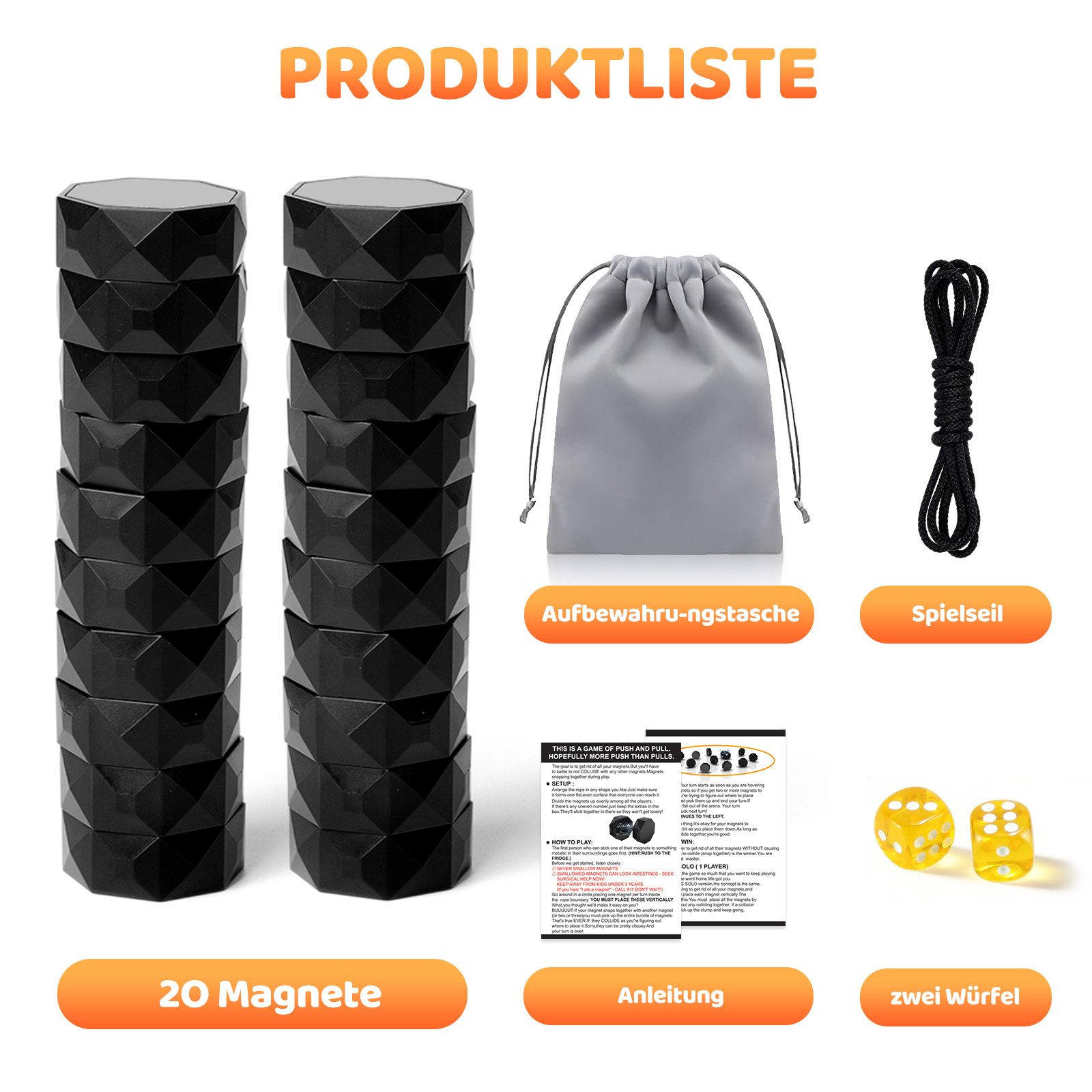 Produktliste mit Magneten, Aufbewahrungstasche, Schnur, Würfeln und Anleitung.