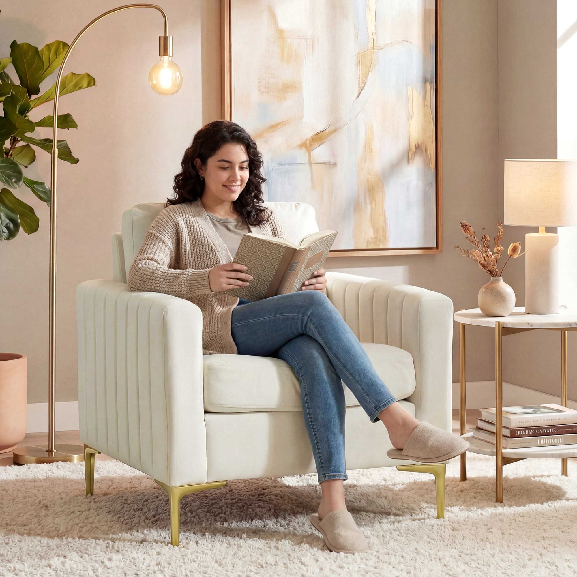 Una mujer lee un libro en un sillón blanco roto, junto a una lámpara de pie y una mesa auxiliar.