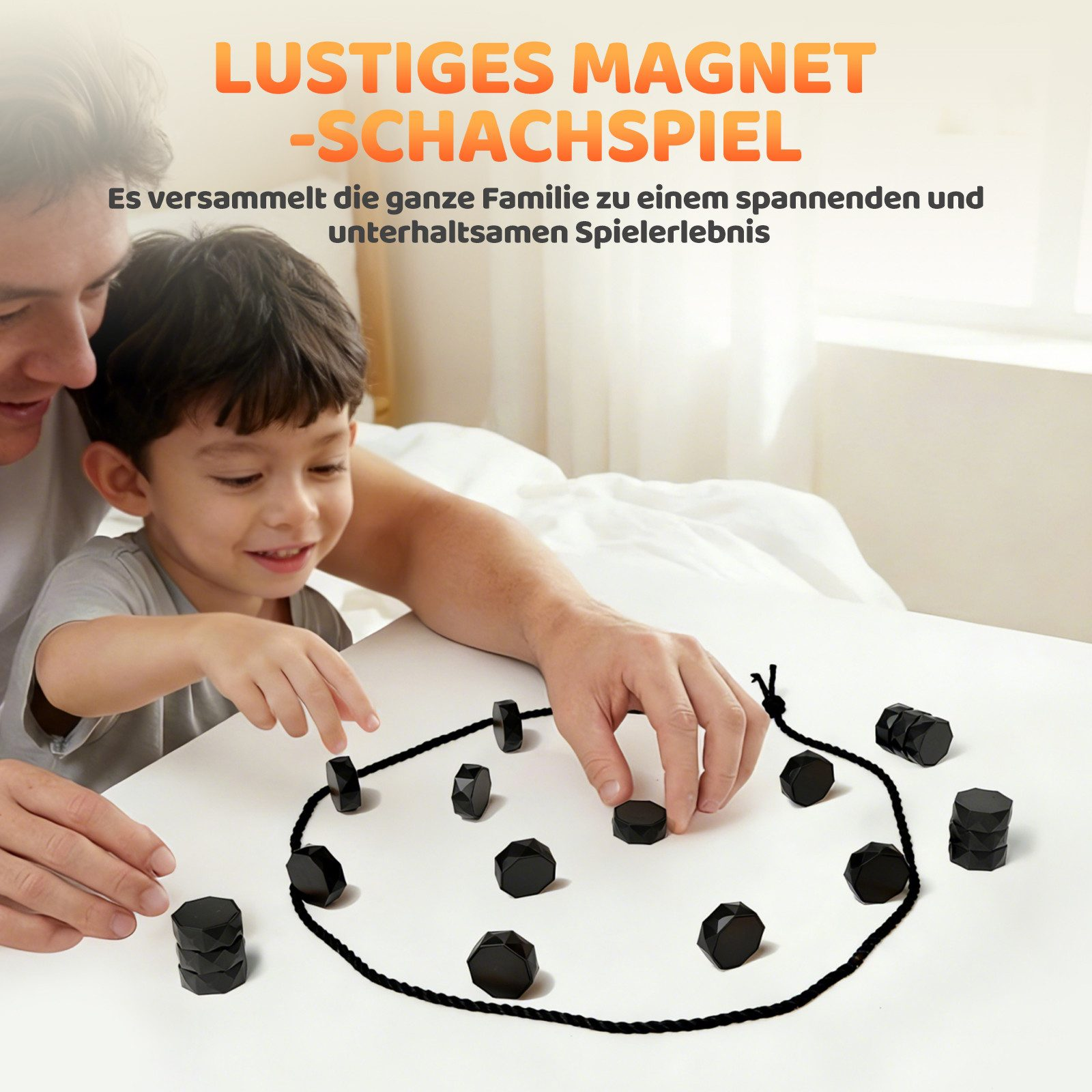 Mann und Kind spielen mit schwarzen Magnetsteinen auf einem Tisch.