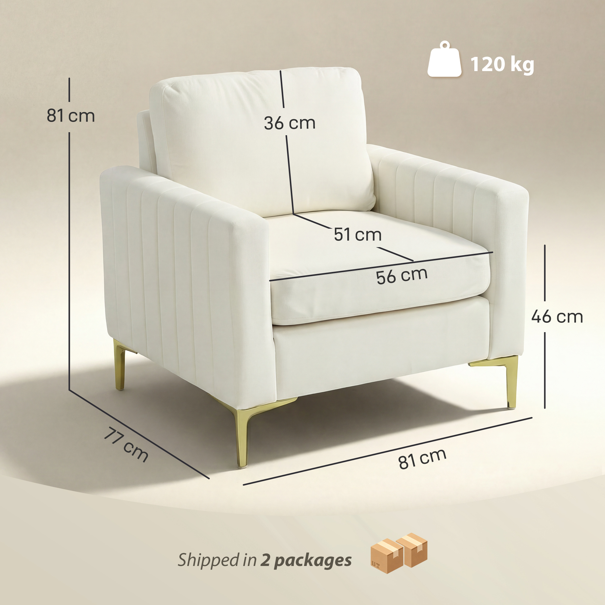 Un sillón color crema con patas doradas, dimensiones mostradas. Peso máx. 120 kg. Enviado en 2 paquetes.