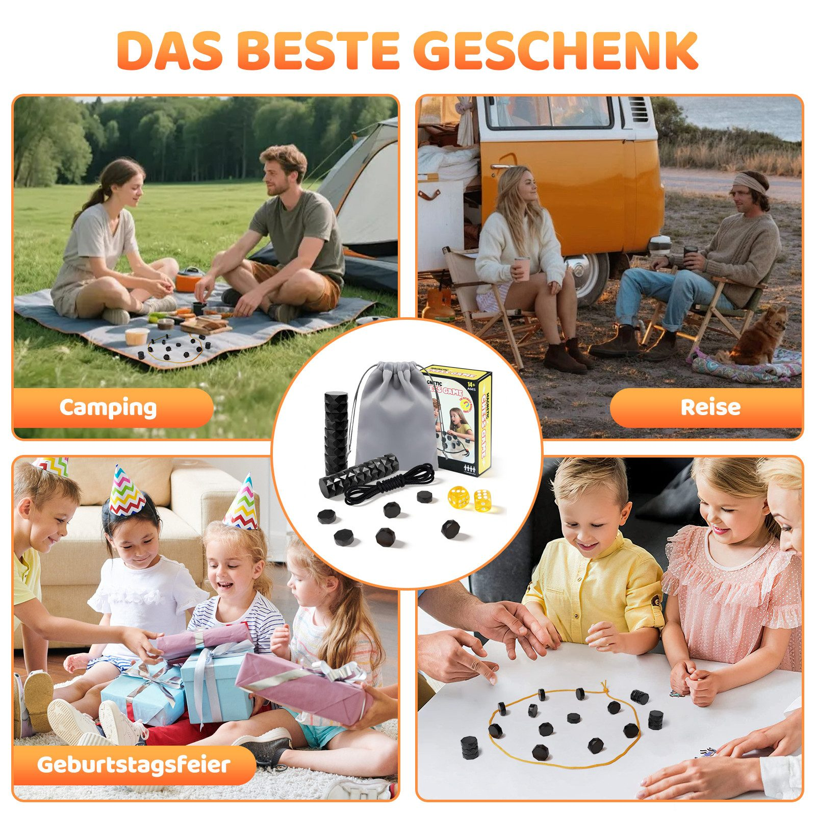 Collage zeigt Camping, Reise, Geburtstagsfeier und ein Spielset.