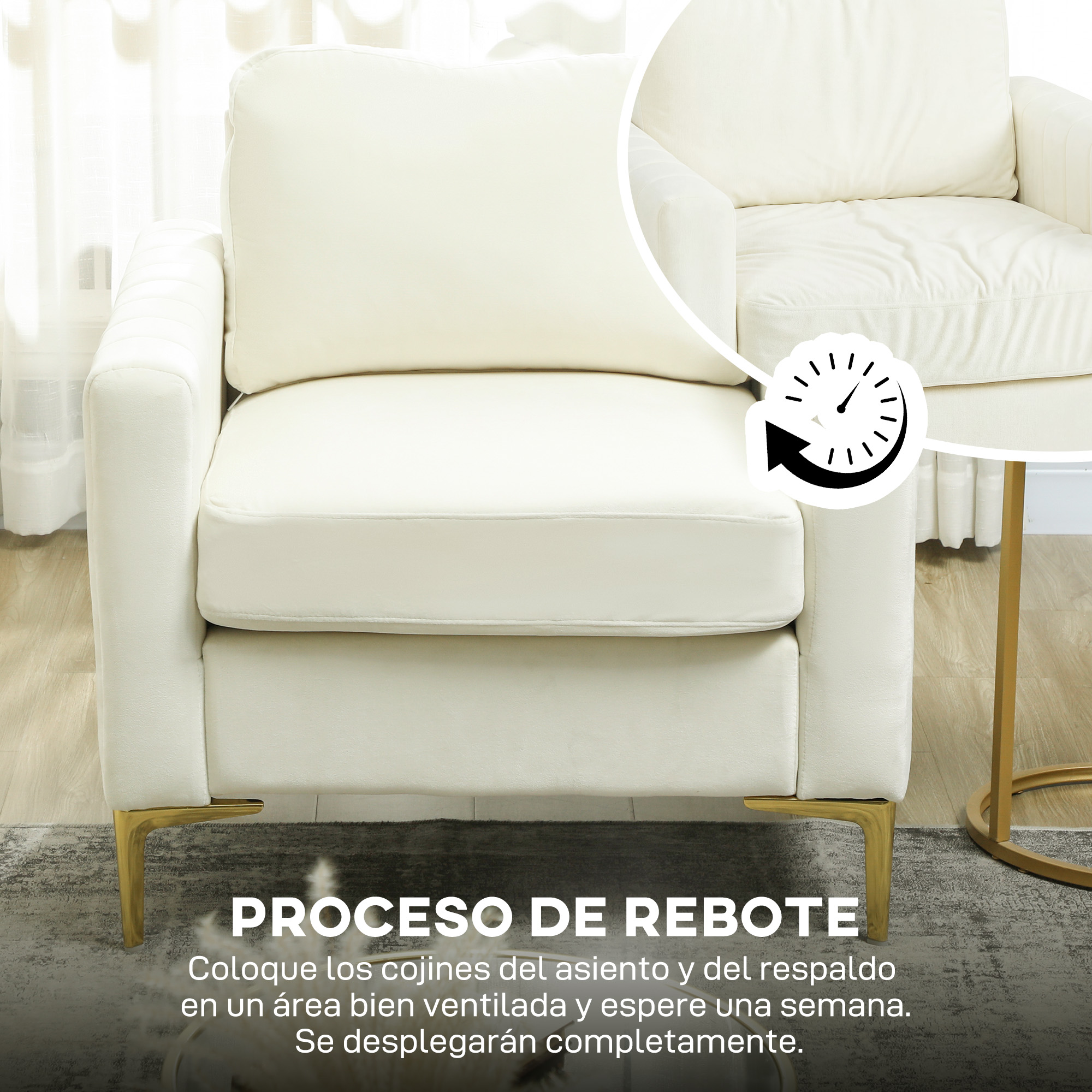 Un sillón color crema con patas doradas y gráfico de reloj.