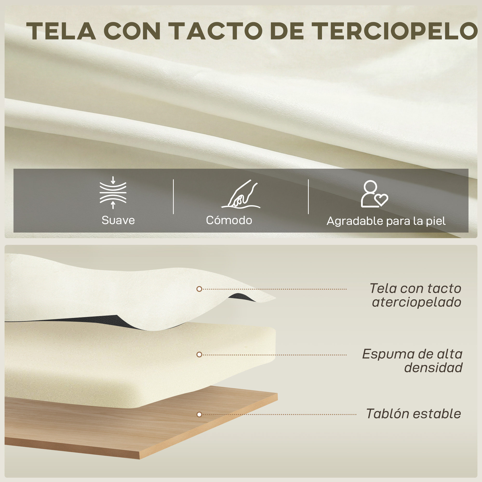 Estructura de tela en capas: tejido de terciopelo, espuma y tablero.