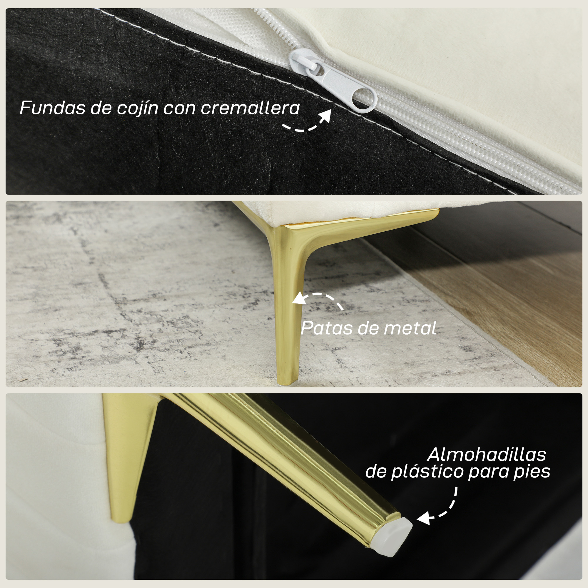 Las imágenes muestran una cremallera, patas de metal y tapas de plástico.