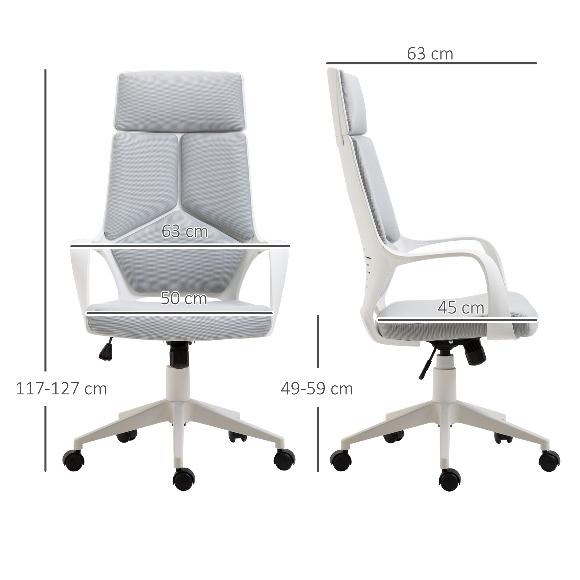 Una silla de oficina blanca con tapizado gris, se muestran dimensiones.
