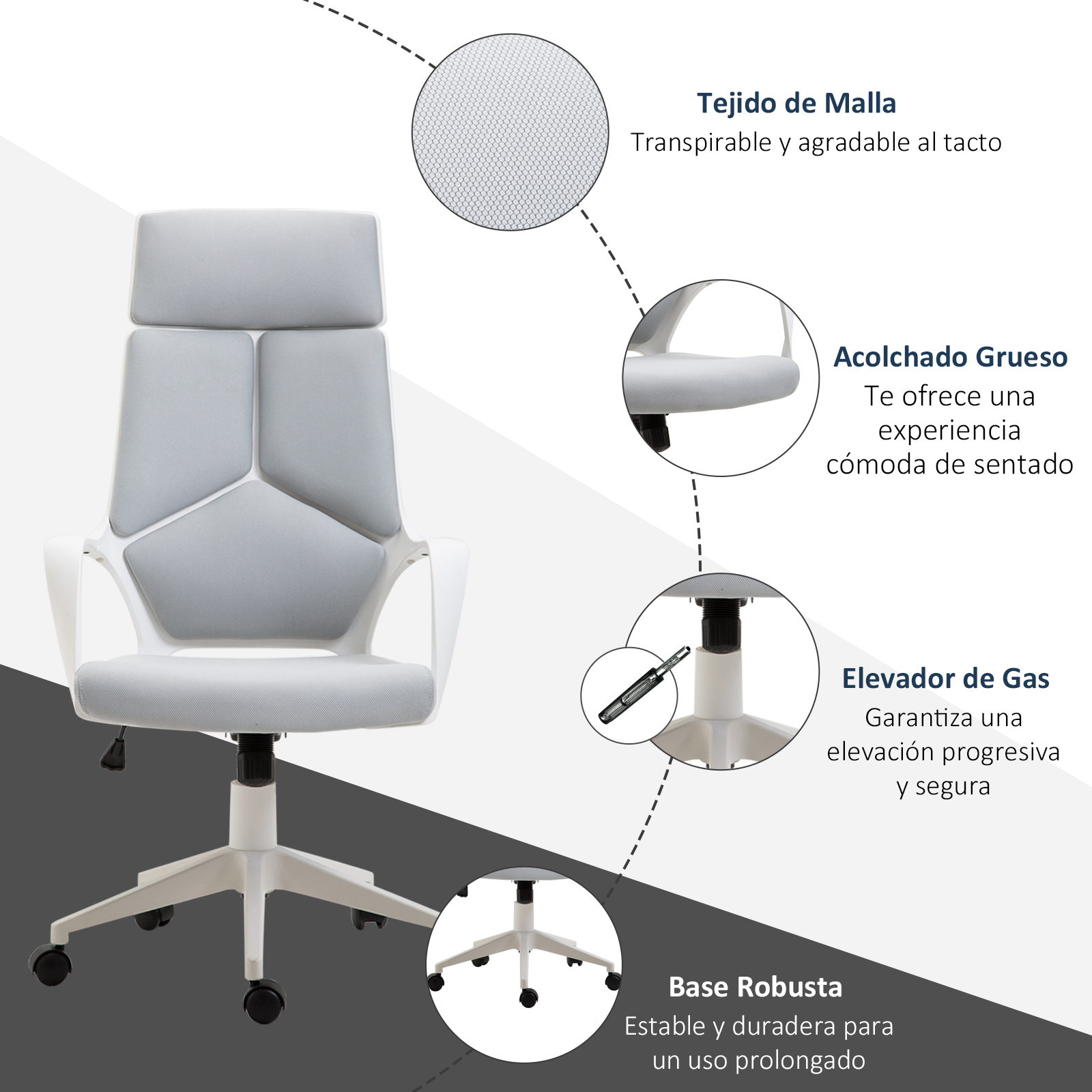 Silla de oficina gris con brazos y ruedas blancas. Presenta tejido de malla, acolchado grueso y elevador.