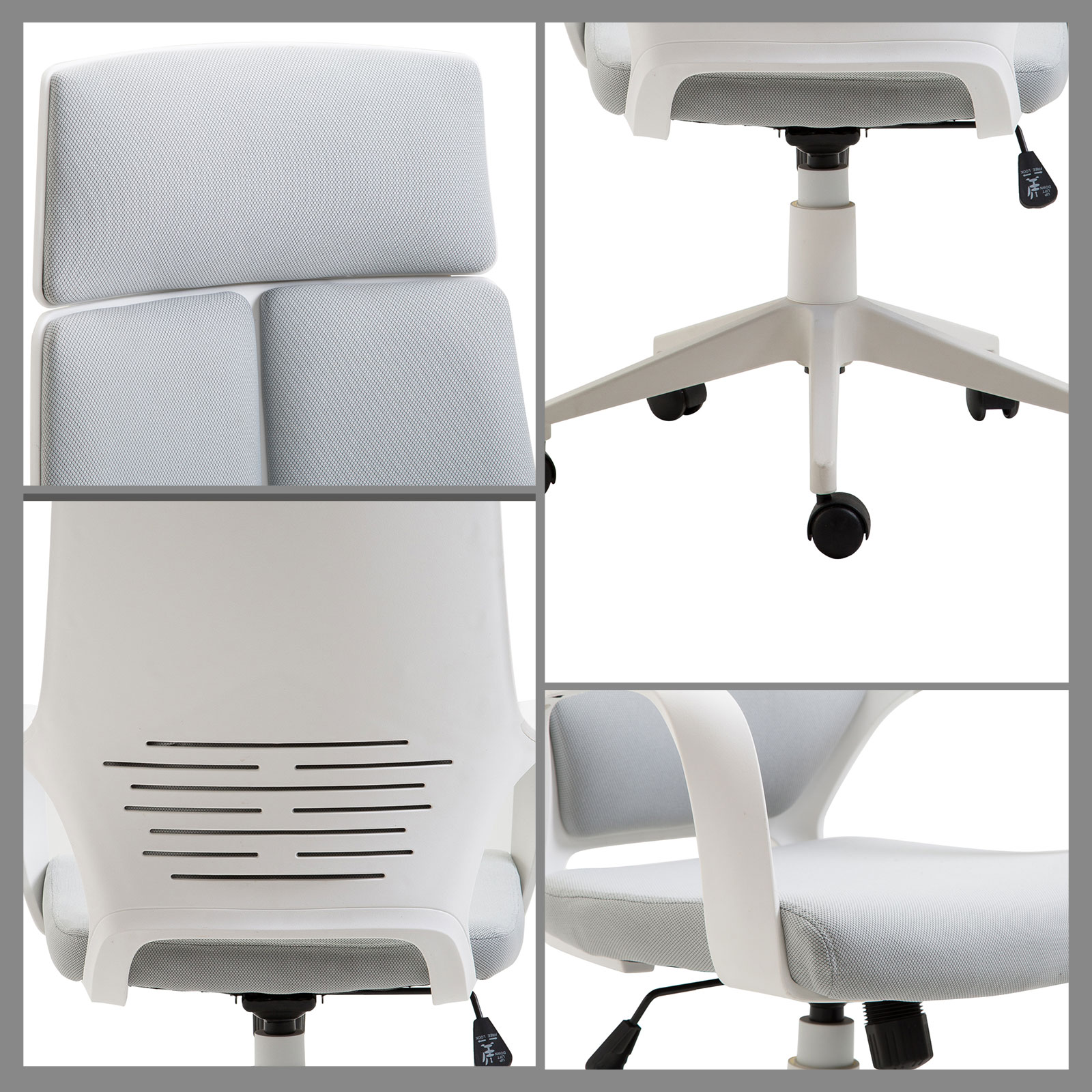 Detalles de silla de oficina blanca: asiento acolchado, respaldo con ranuras.