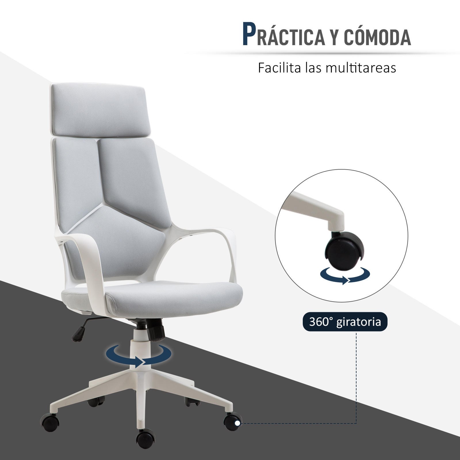 Silla de oficina gris con base blanca y ruedas, con giro de 360 grados.