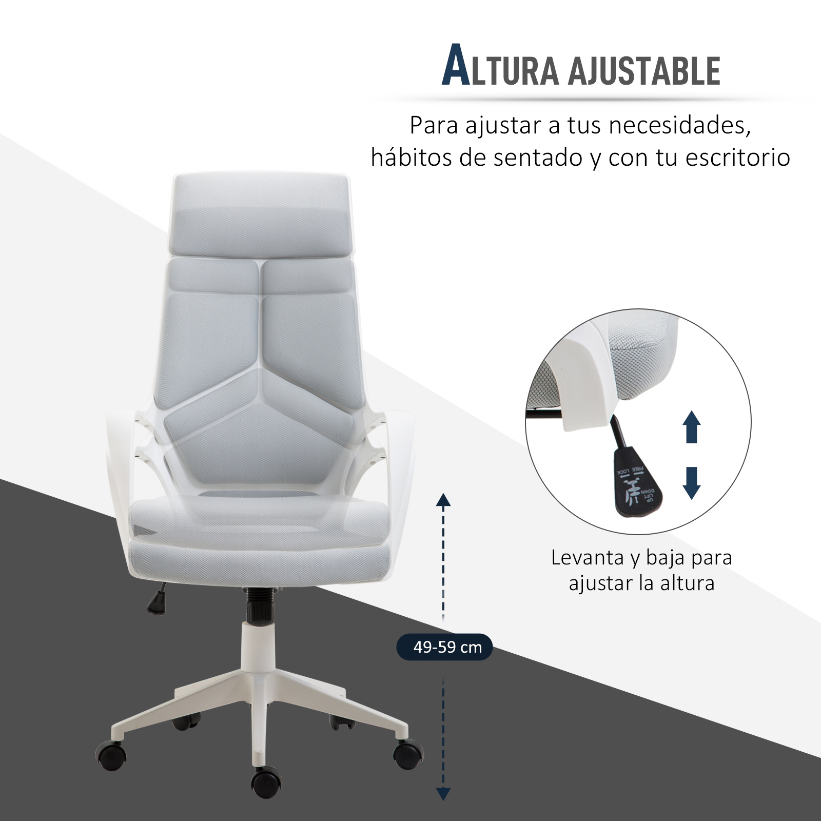 Silla de oficina ajustable con estructura y asiento blancos. Rango de altura 49-59 cm.