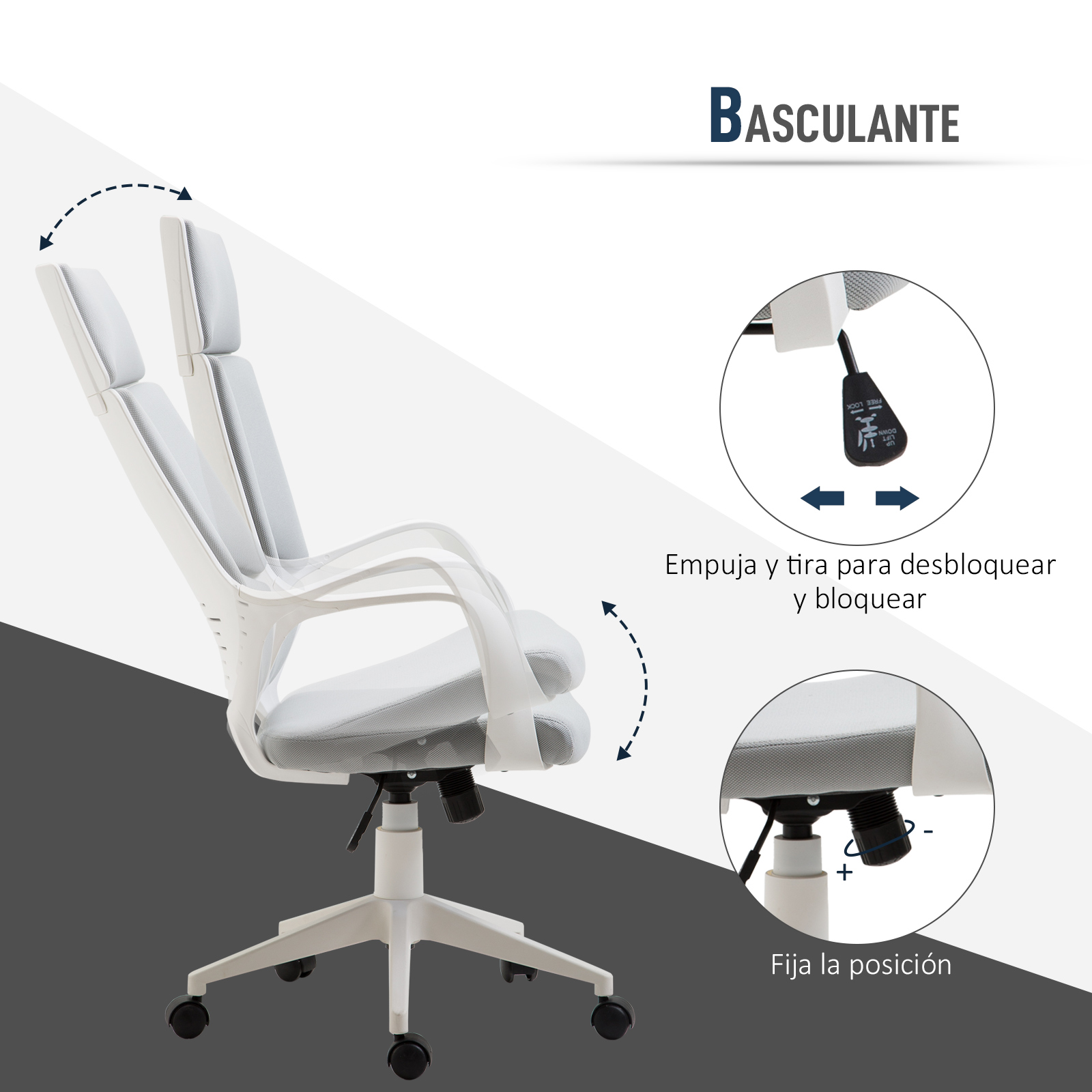 Una silla de oficina blanca con respaldo y reposabrazos ajustables.