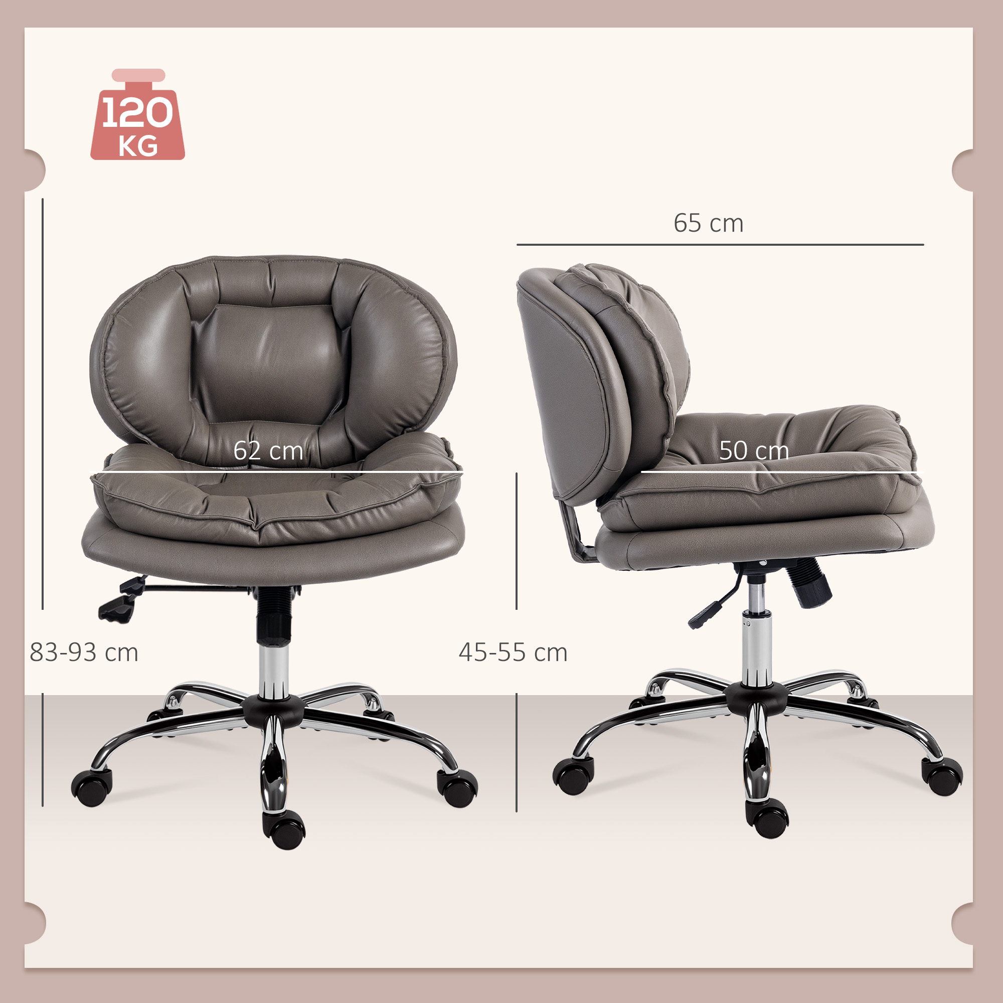 Silla de oficina gris con ruedas, se muestran dimensiones.