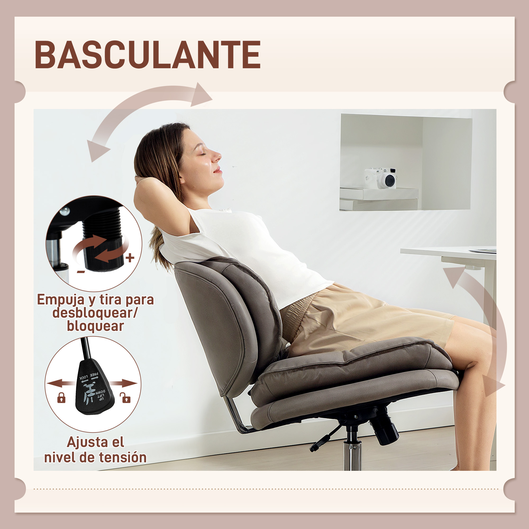 Una mujer se reclina en una silla de oficina, mostrando el mecanismo.