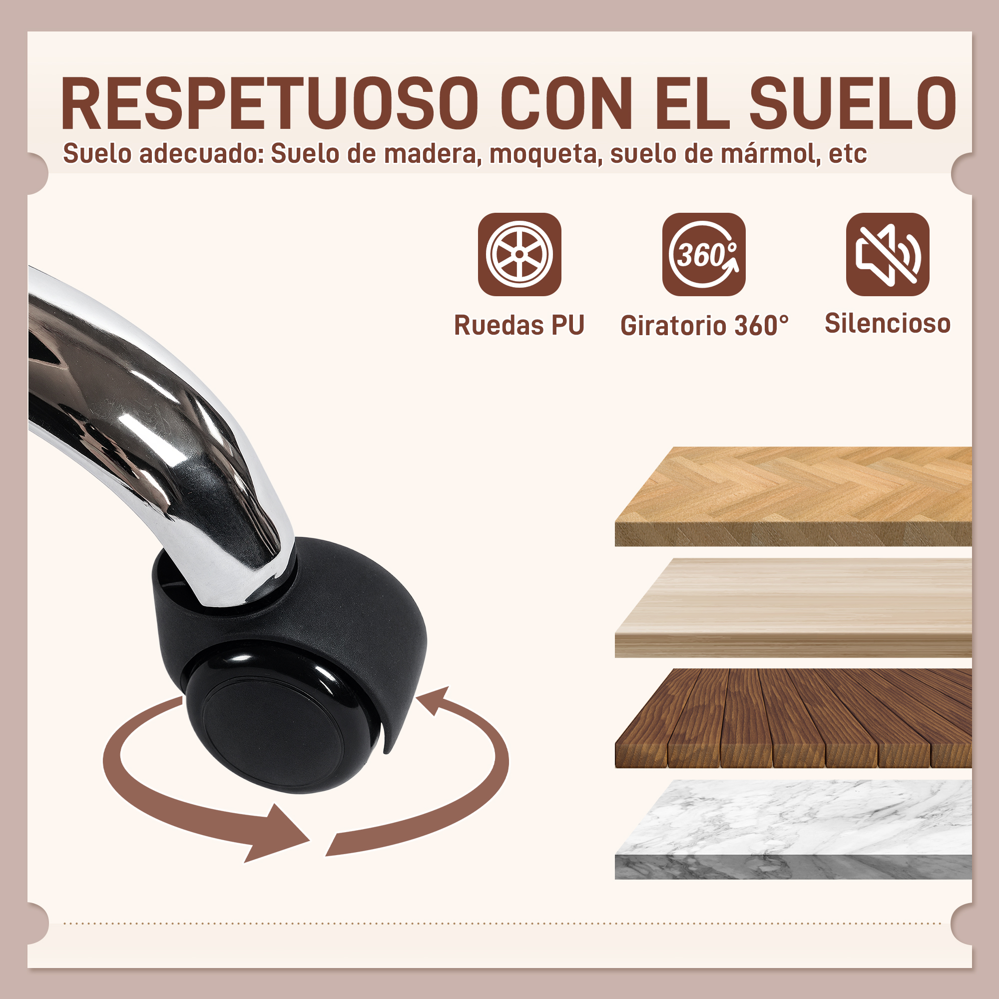 Una rueda de silla de oficina sobre suelos de madera, moqueta y mármol. Rotación 360°.