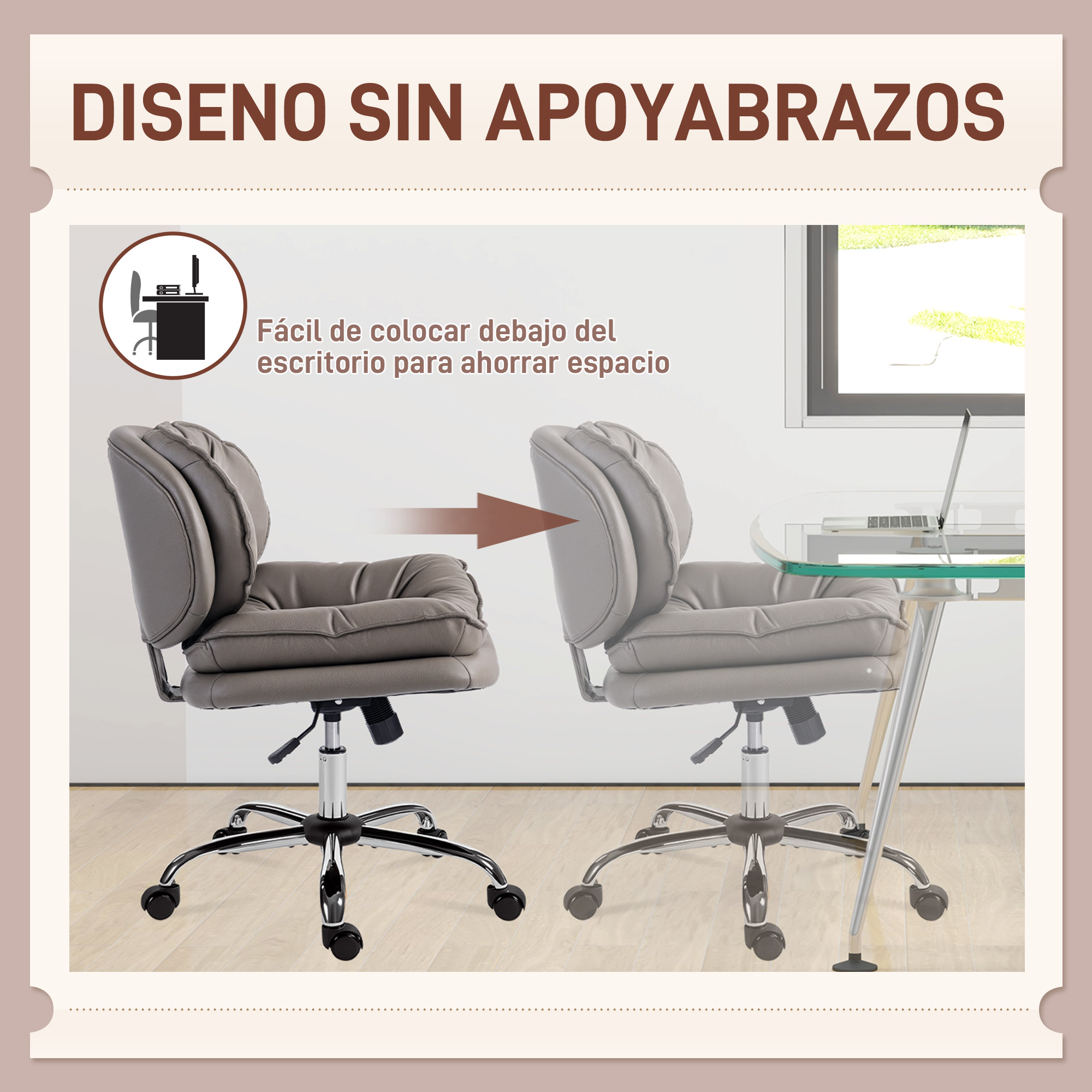 Silla de oficina gris con ruedas, se desliza fácilmente bajo el escritorio.