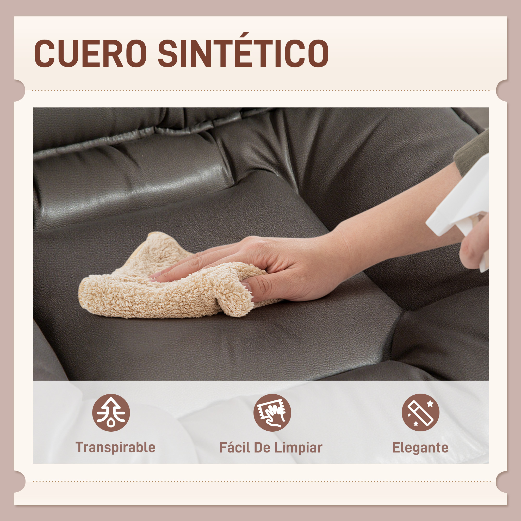 Una mano limpia una superficie de cuero sintético marrón con un paño beige.
