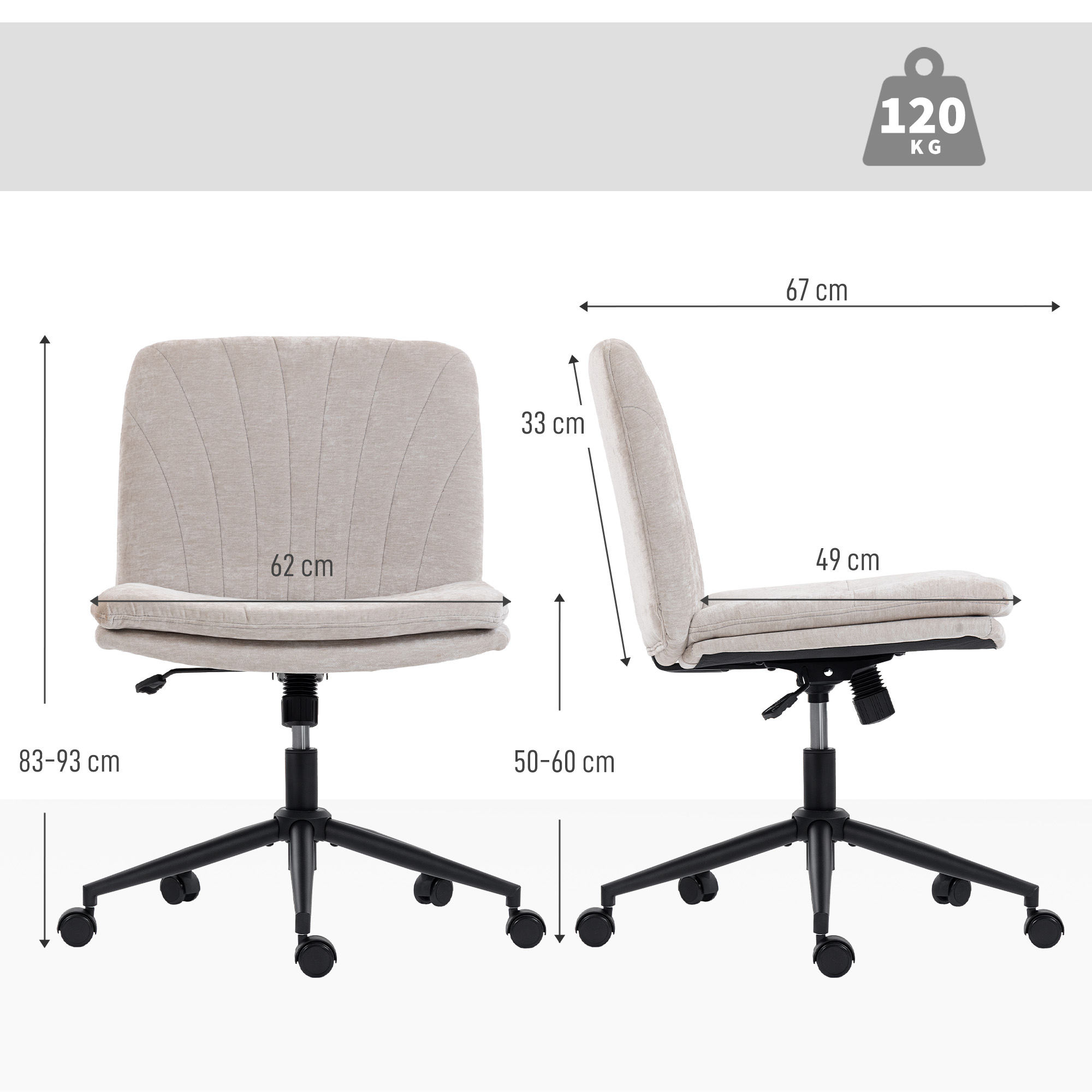 Una silla de oficina beige con ruedas y dimensiones.
